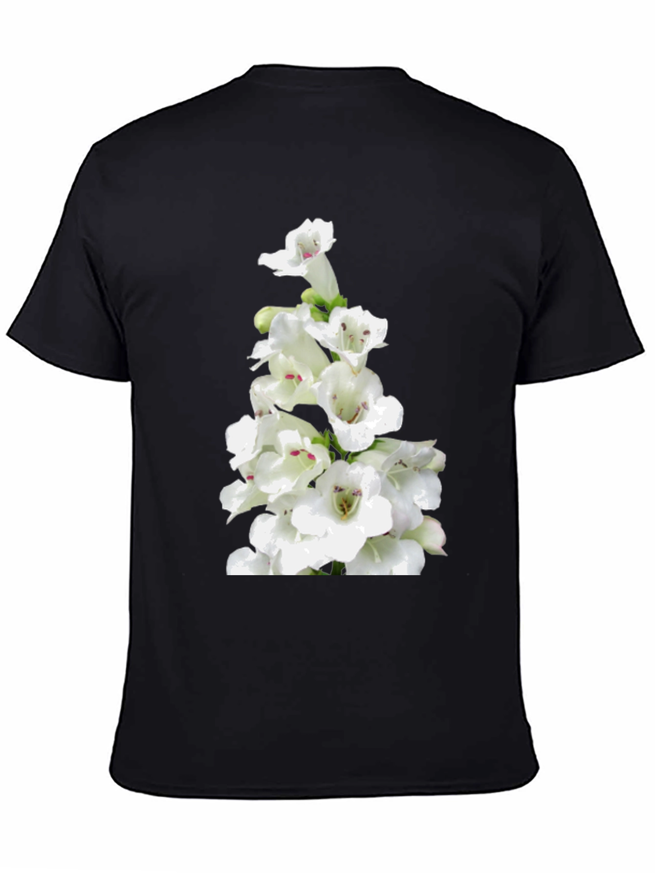 White Flower Print Black T-Shirt