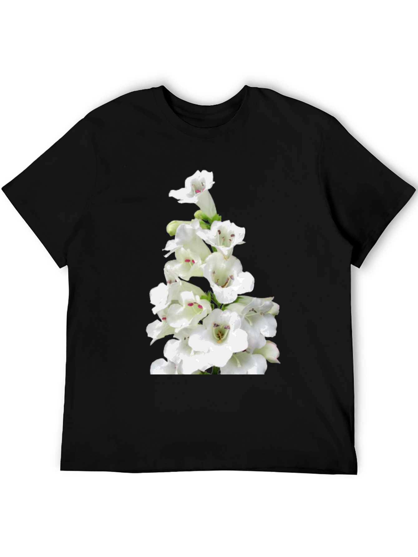 White Flower Print Black T-Shirt