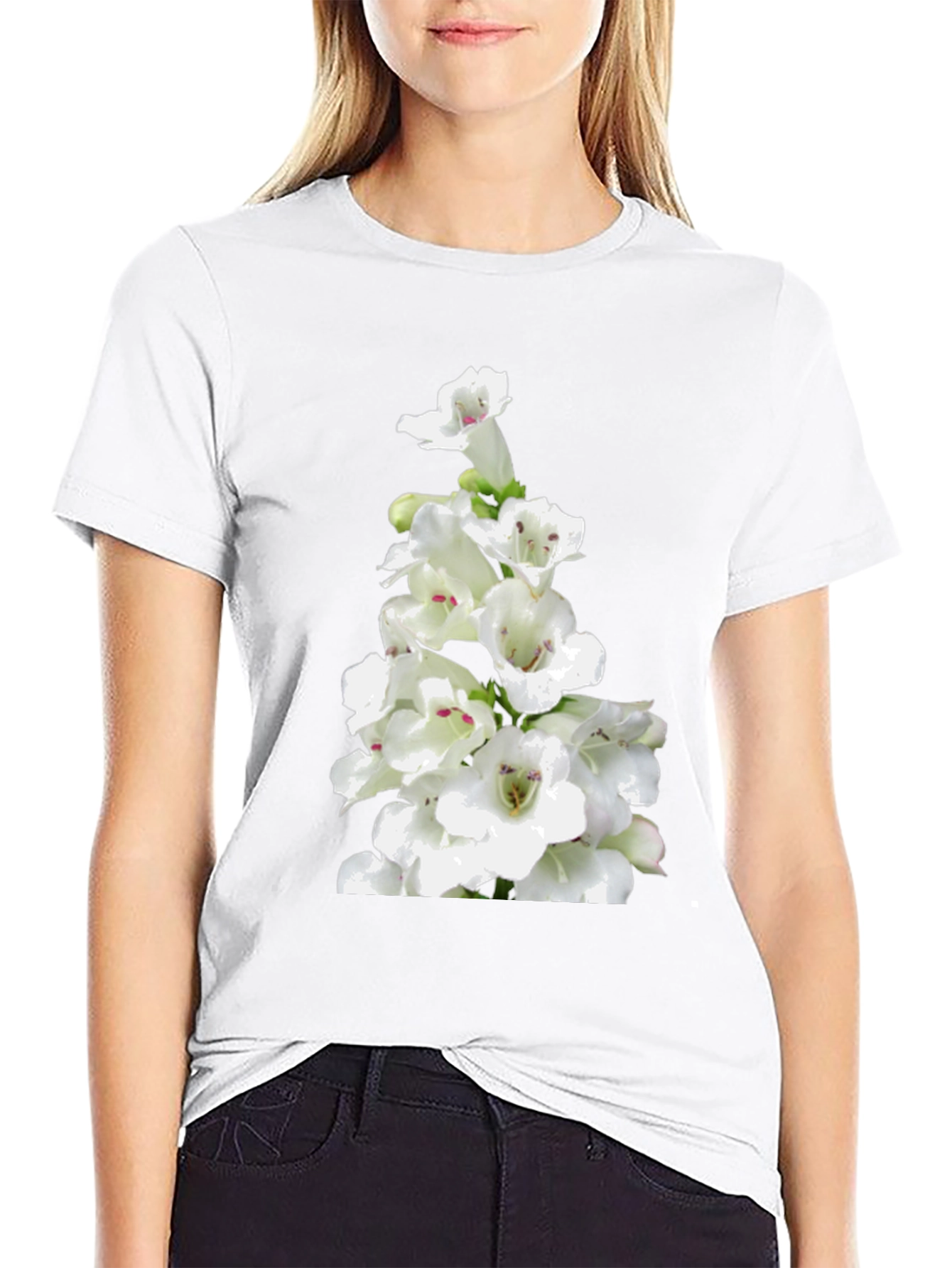 White Flower Print Black T-Shirt