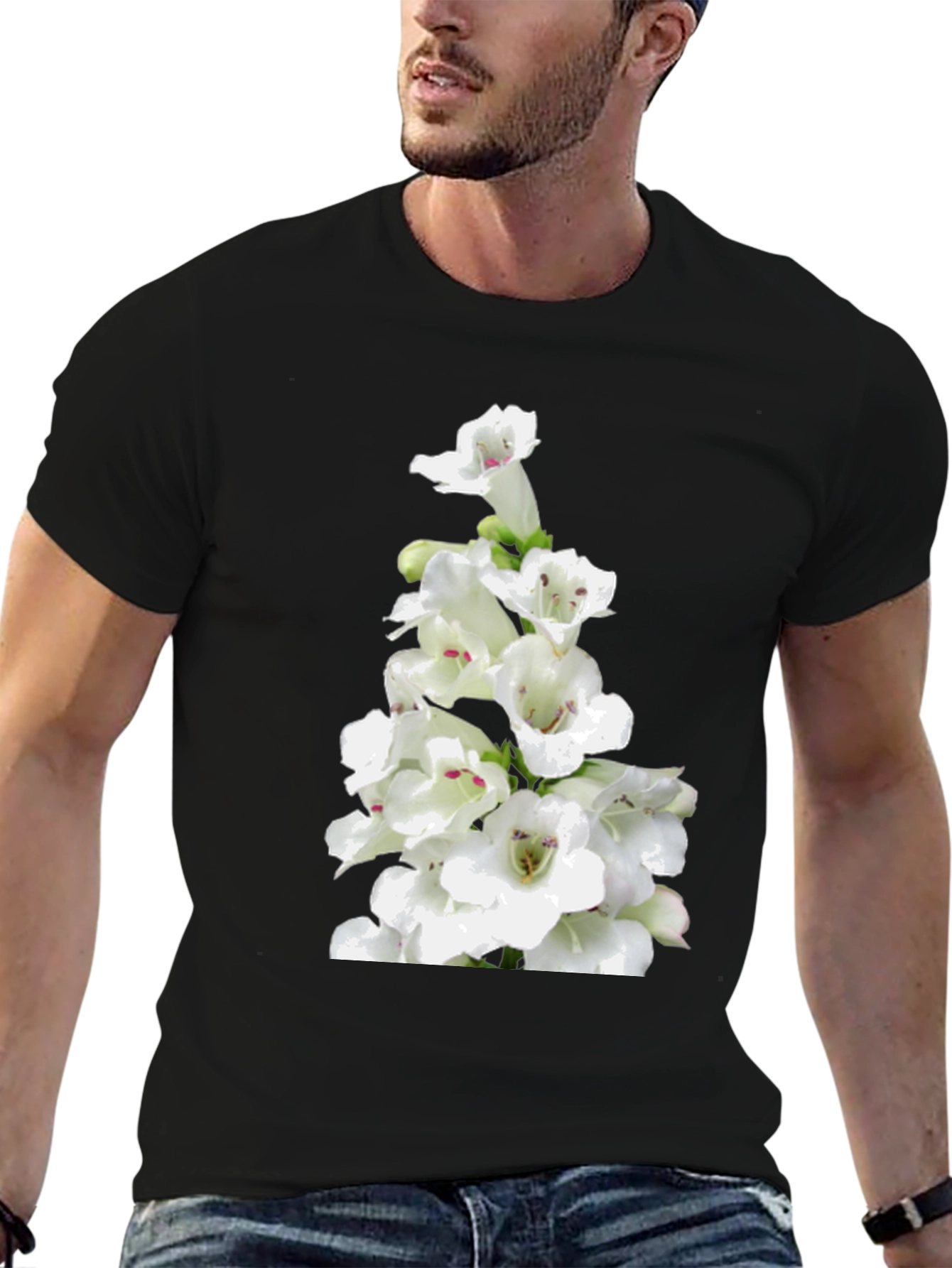 White Flower Print Black T-Shirt