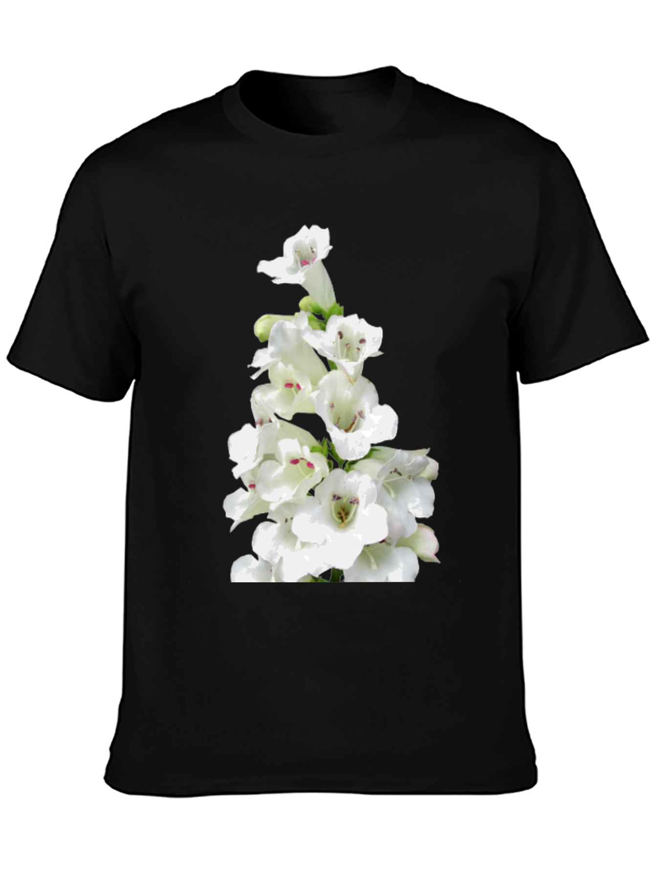 White Flower Print Black T-Shirt