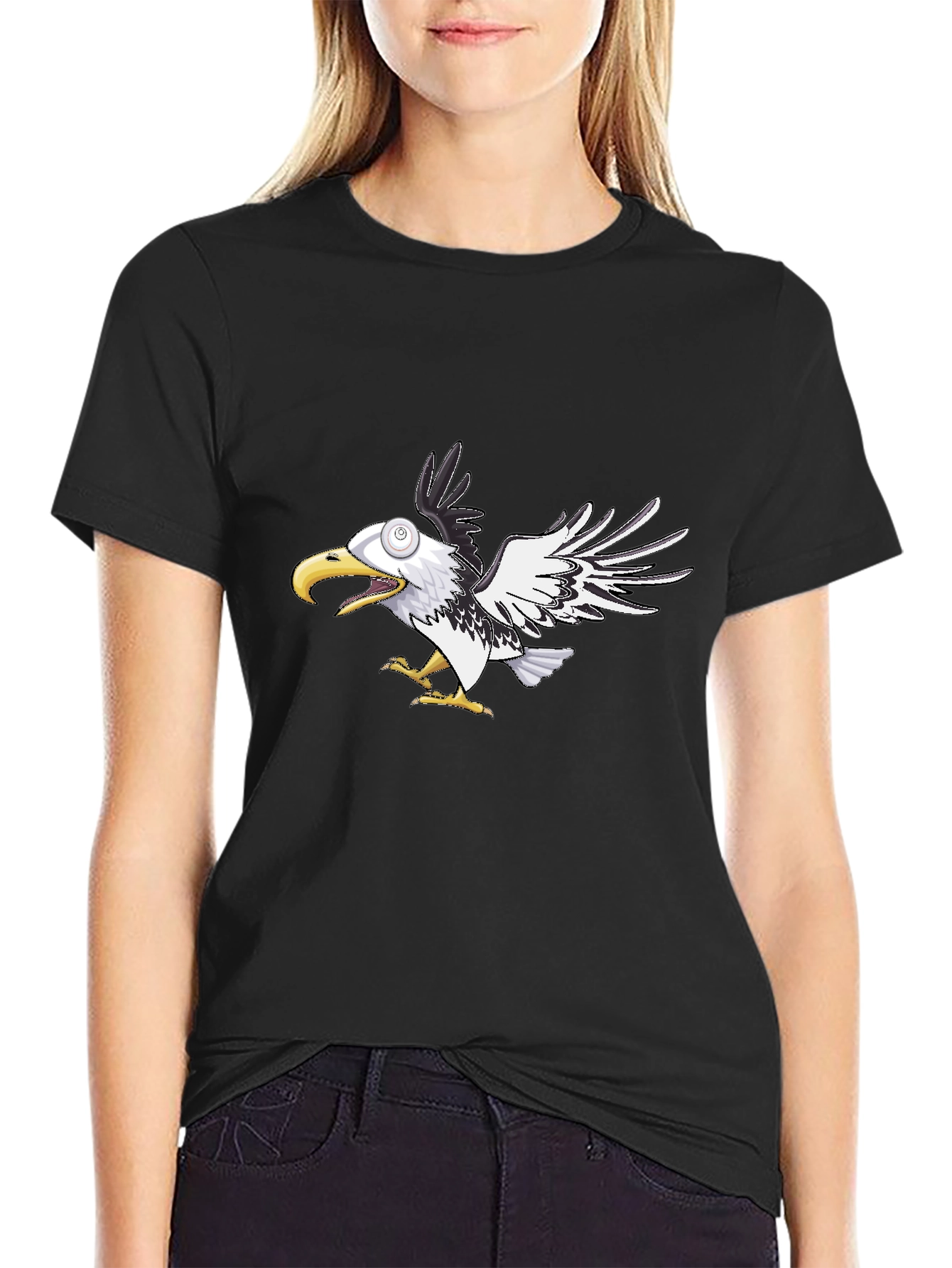 Cartoon Eagle Graphic Tee - Black