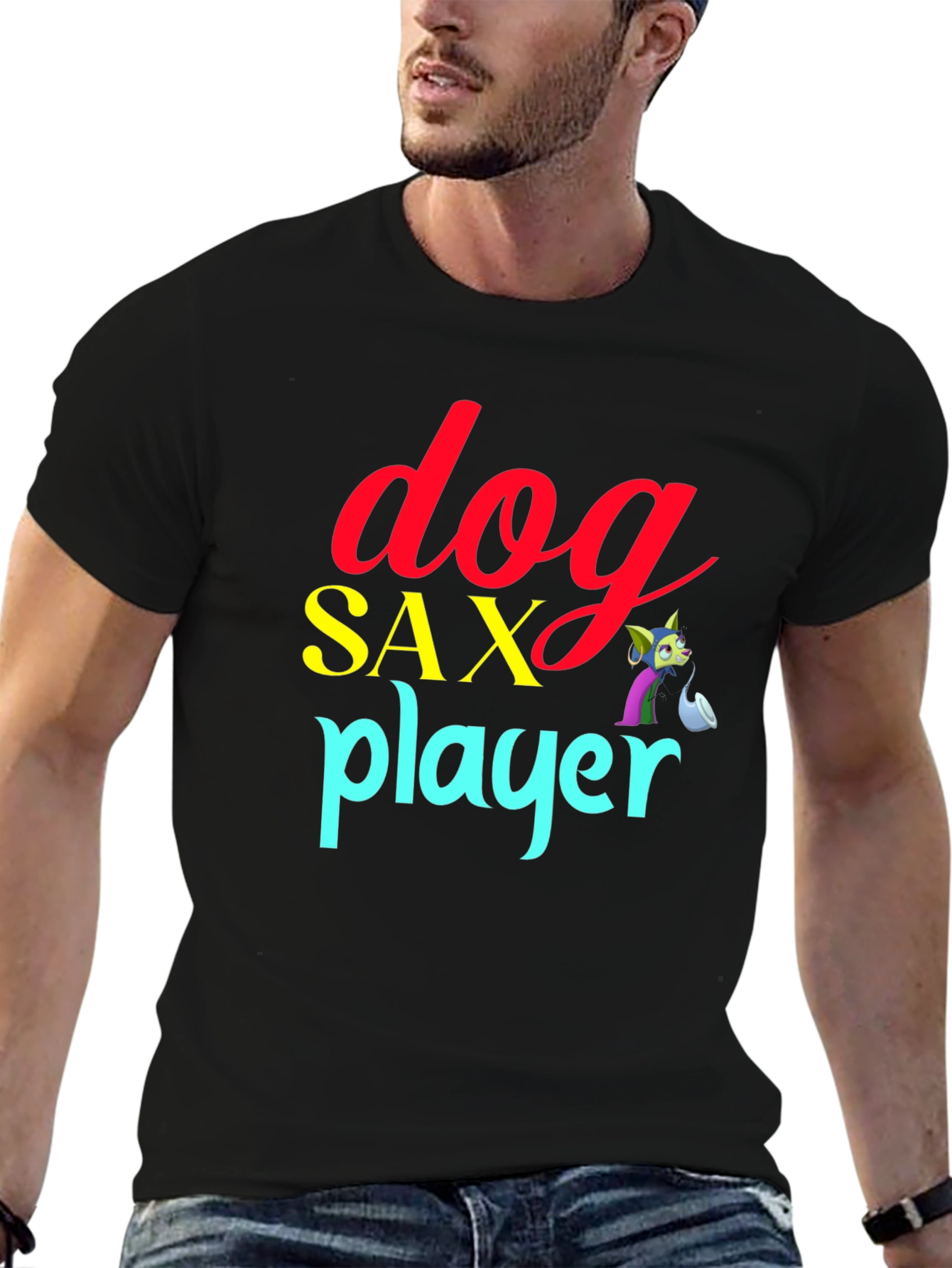 Dog Sax Player Black T-Shirt