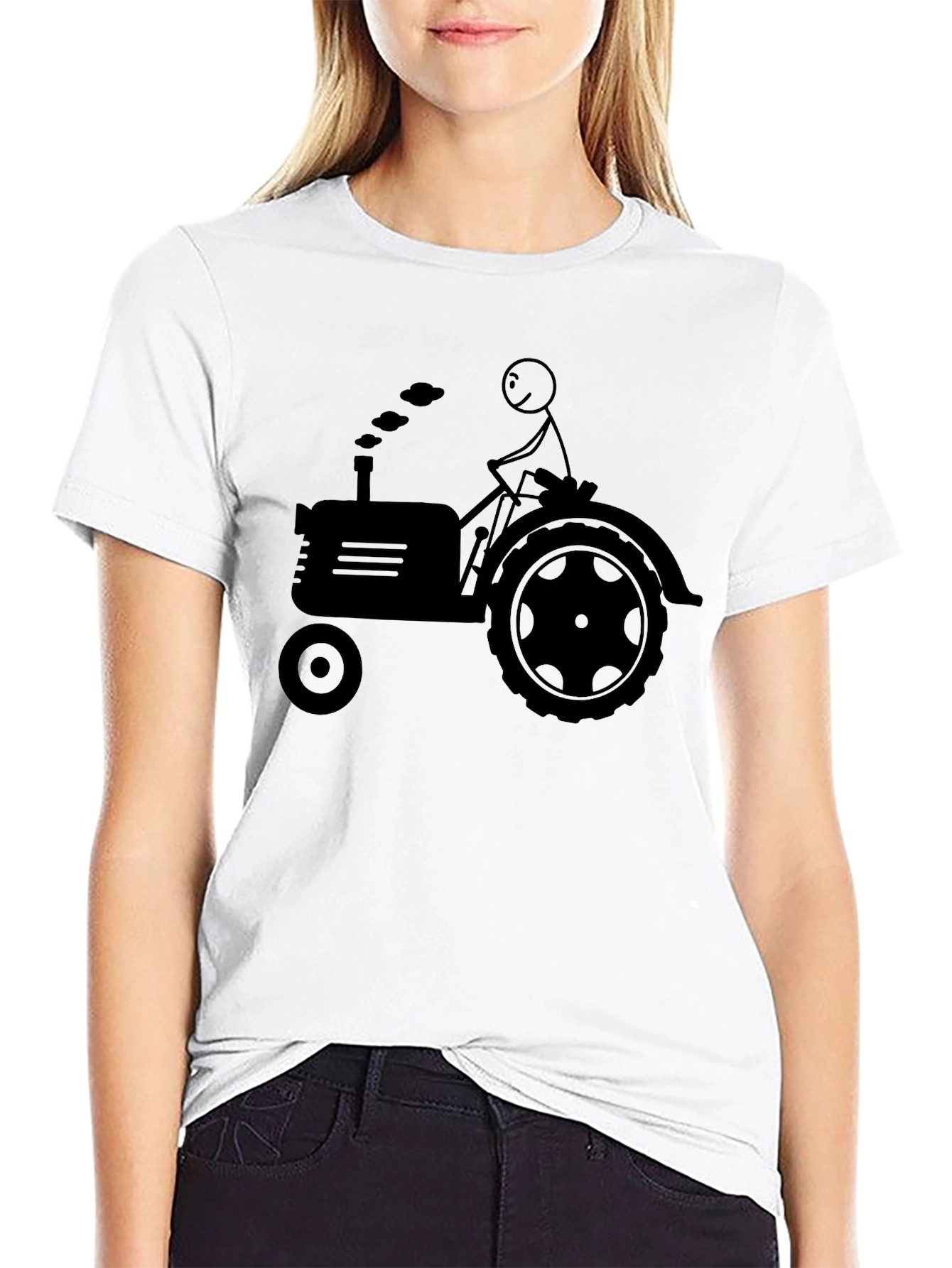 Stick Figure Farmer Tractor Graphic Tee - Black