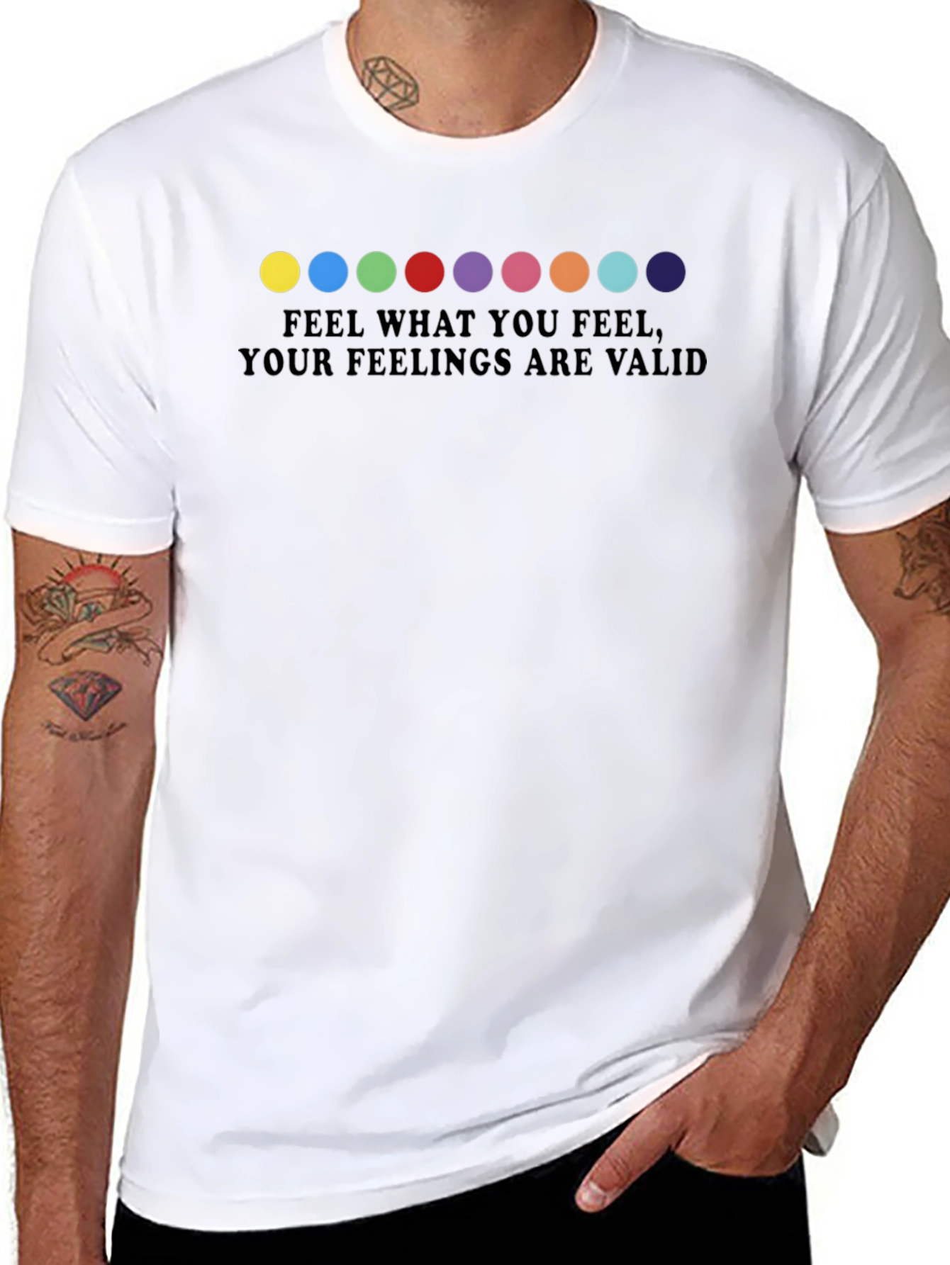 Feelings Valid Rainbow Dot T-Shirt - Black Crew Neck