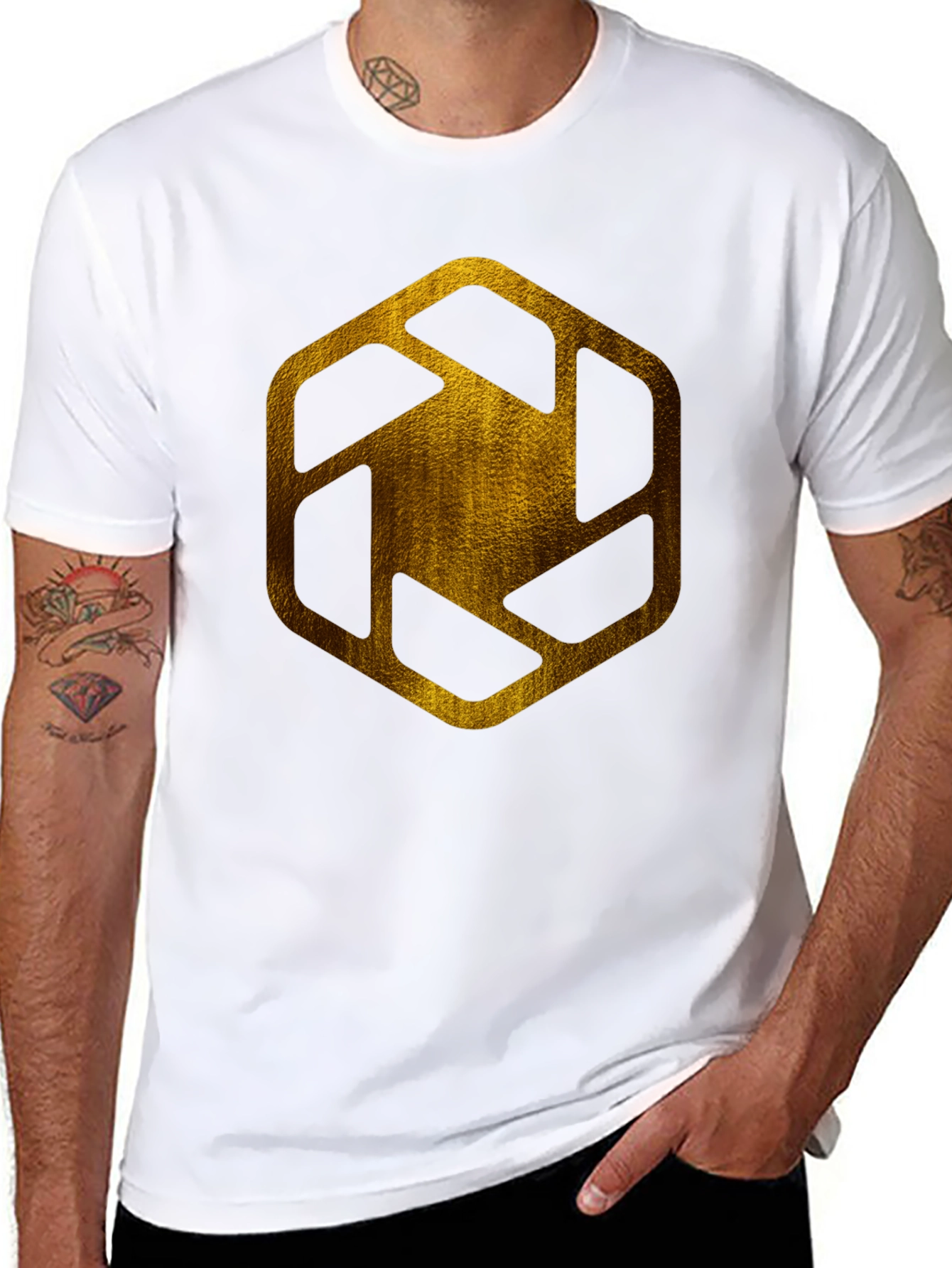 Golden Hexagon Graphic Tee - Modern Streetwear Style