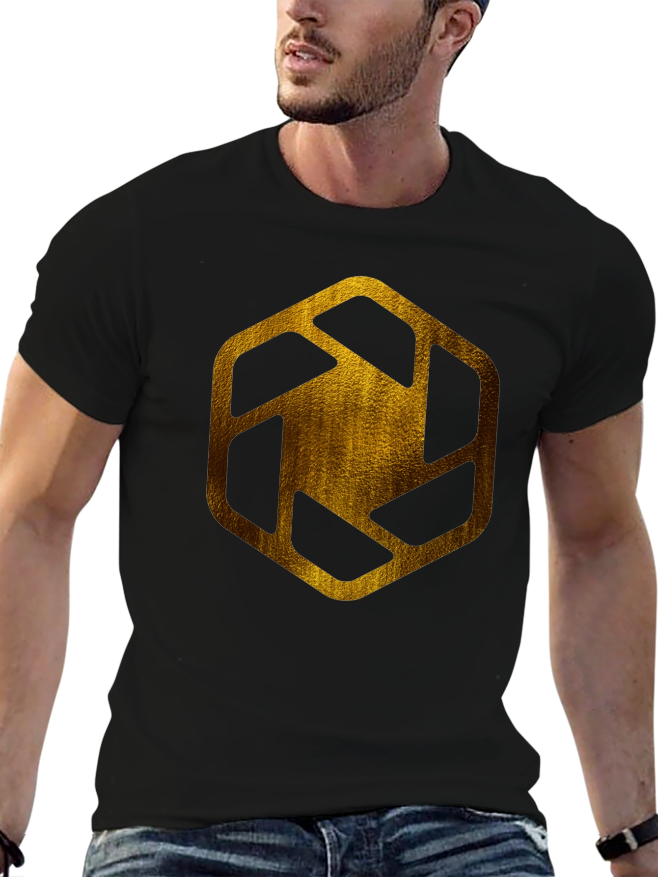 Golden Hexagon Graphic Tee - Modern Streetwear Style