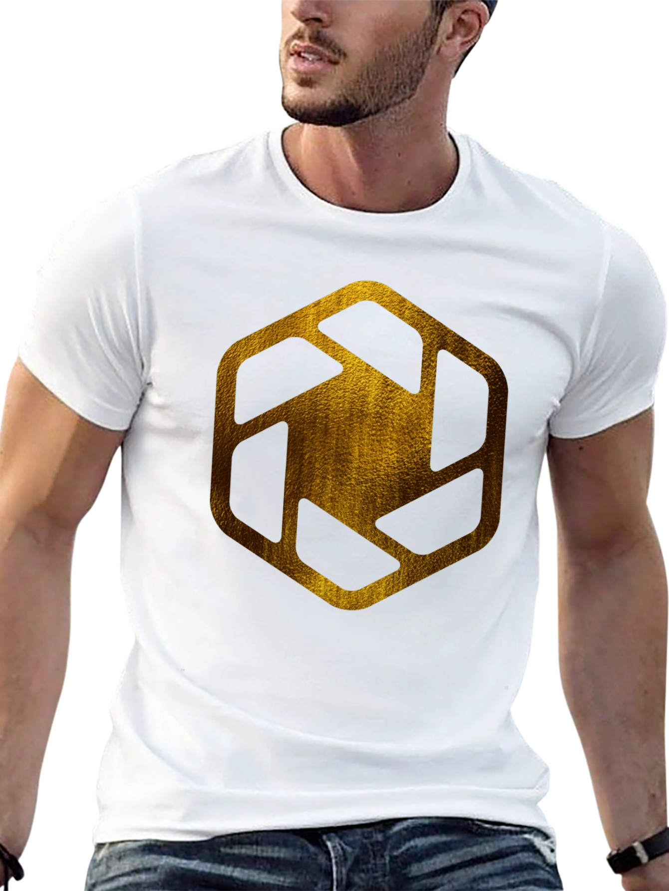 Golden Hexagon Graphic Tee - Modern Streetwear Style