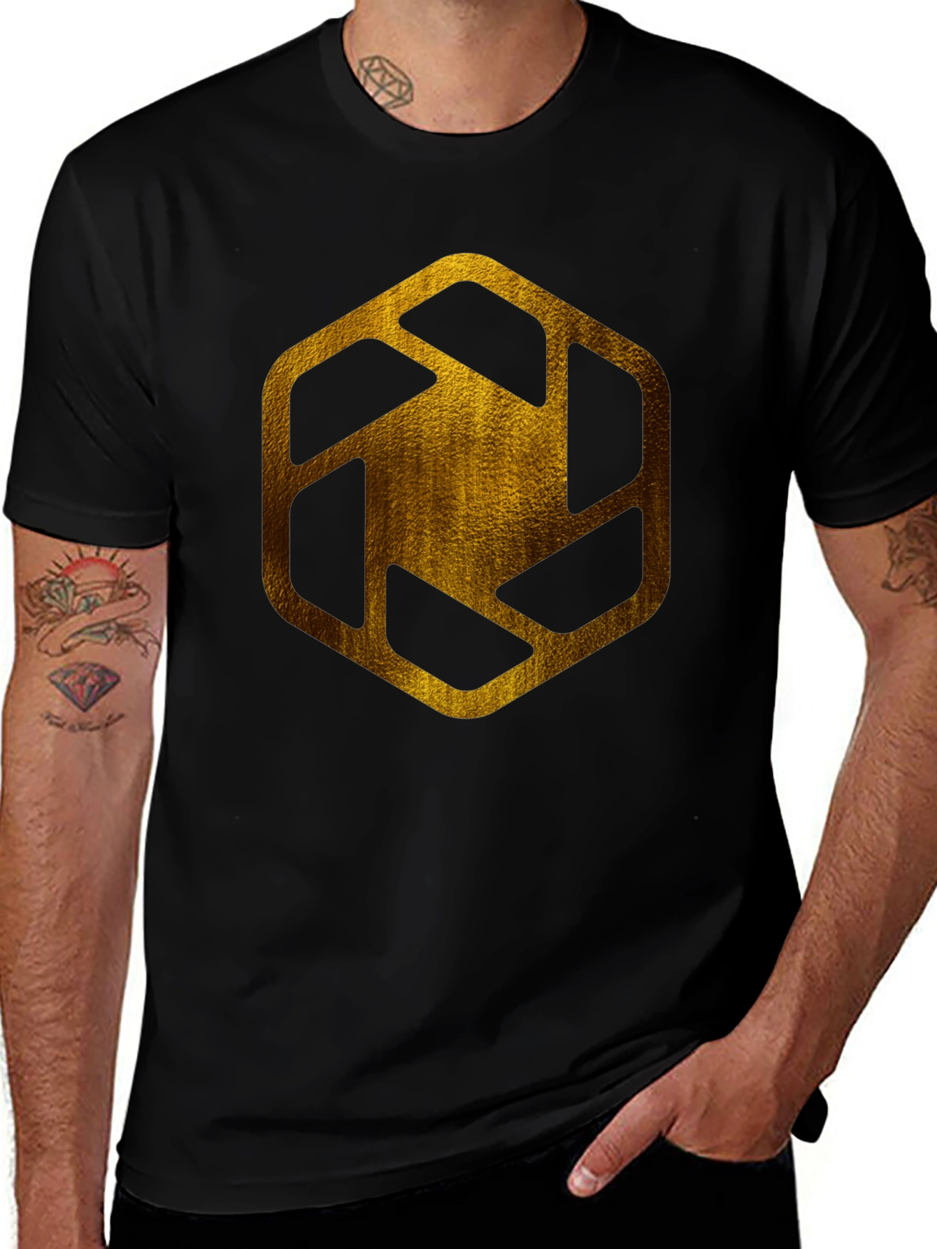 Golden Hexagon Graphic Tee - Modern Streetwear Style