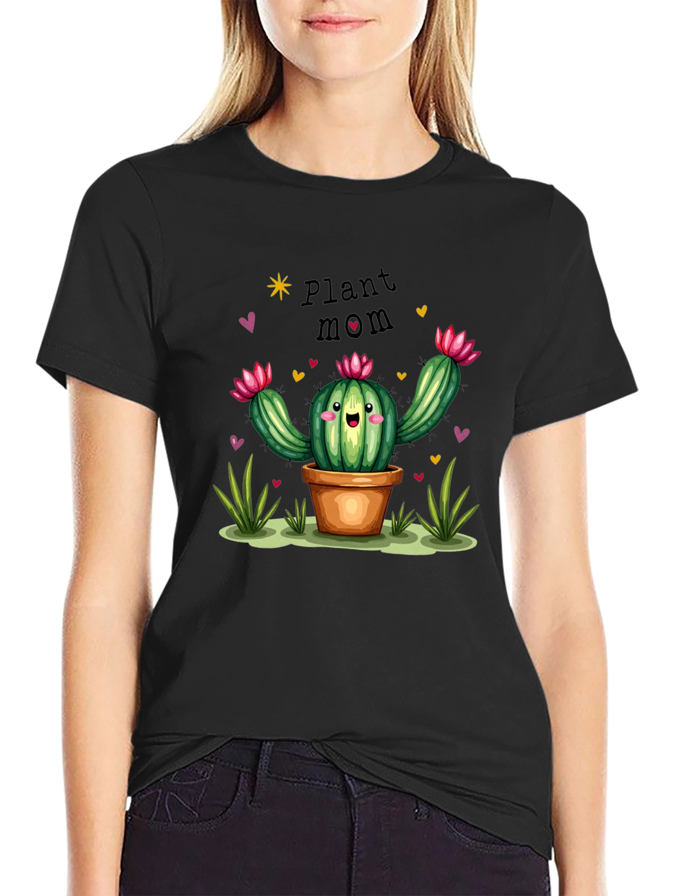 Plant Mom Cactus Graphic Tee - Black
