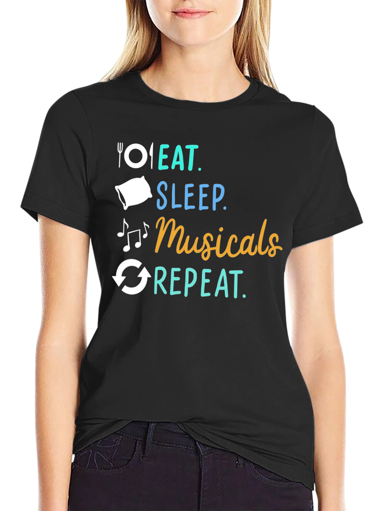 Eat Sleep Musicals Repeat Black T-Shirt