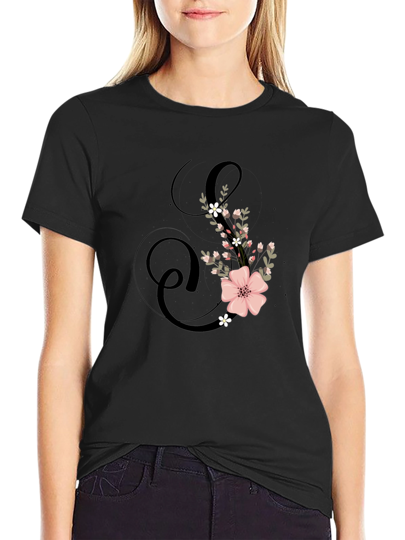 Floral Initial S Black T-Shirt