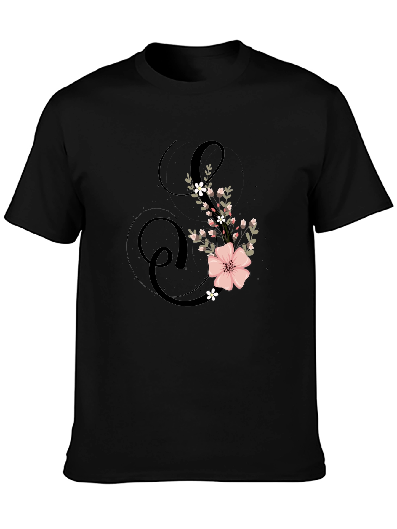 Floral Initial S Black T-Shirt