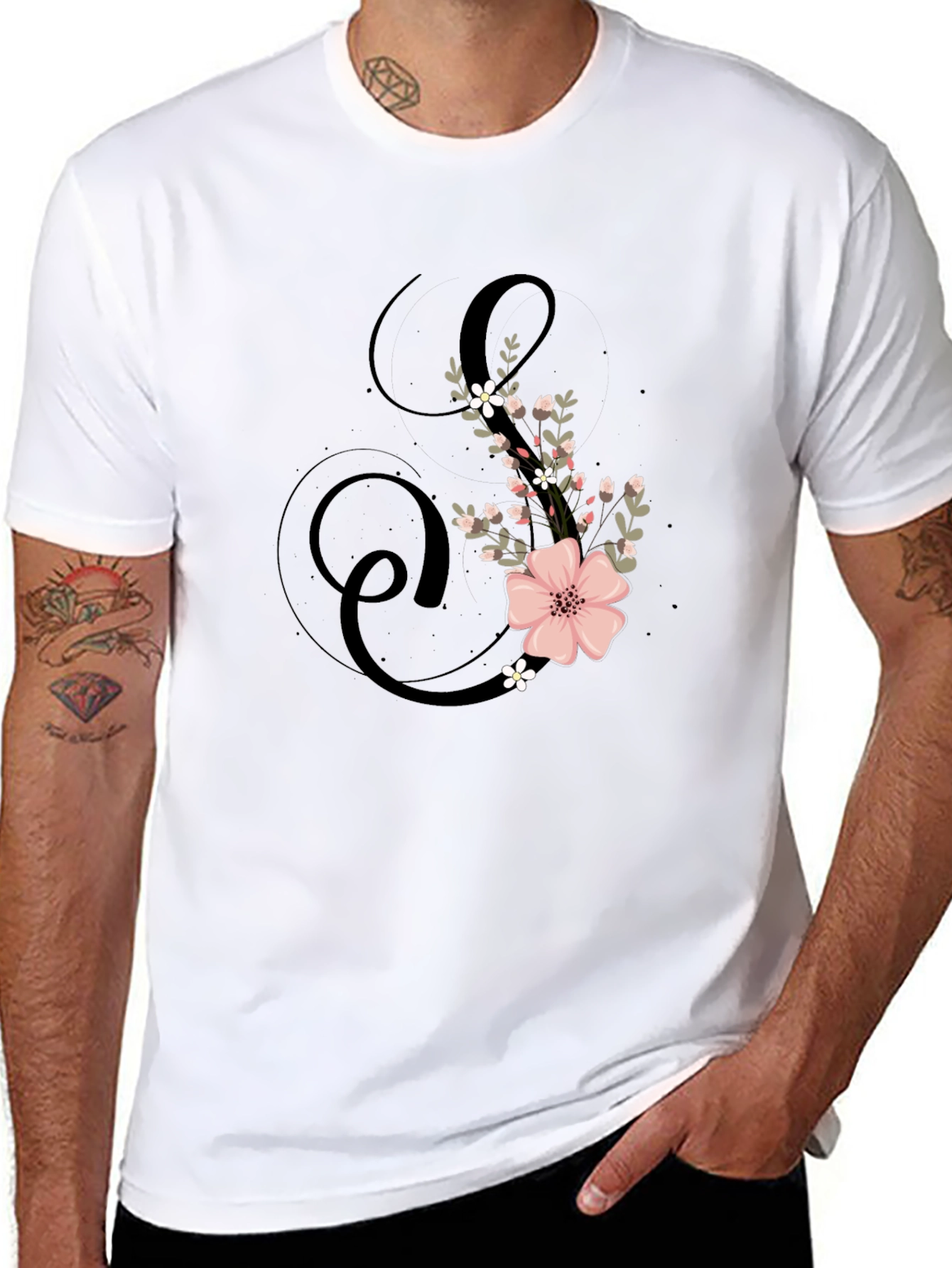 Floral Initial S Black T-Shirt
