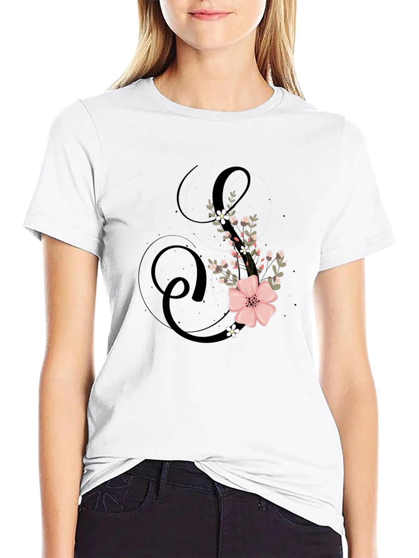 Floral Initial S Black T-Shirt
