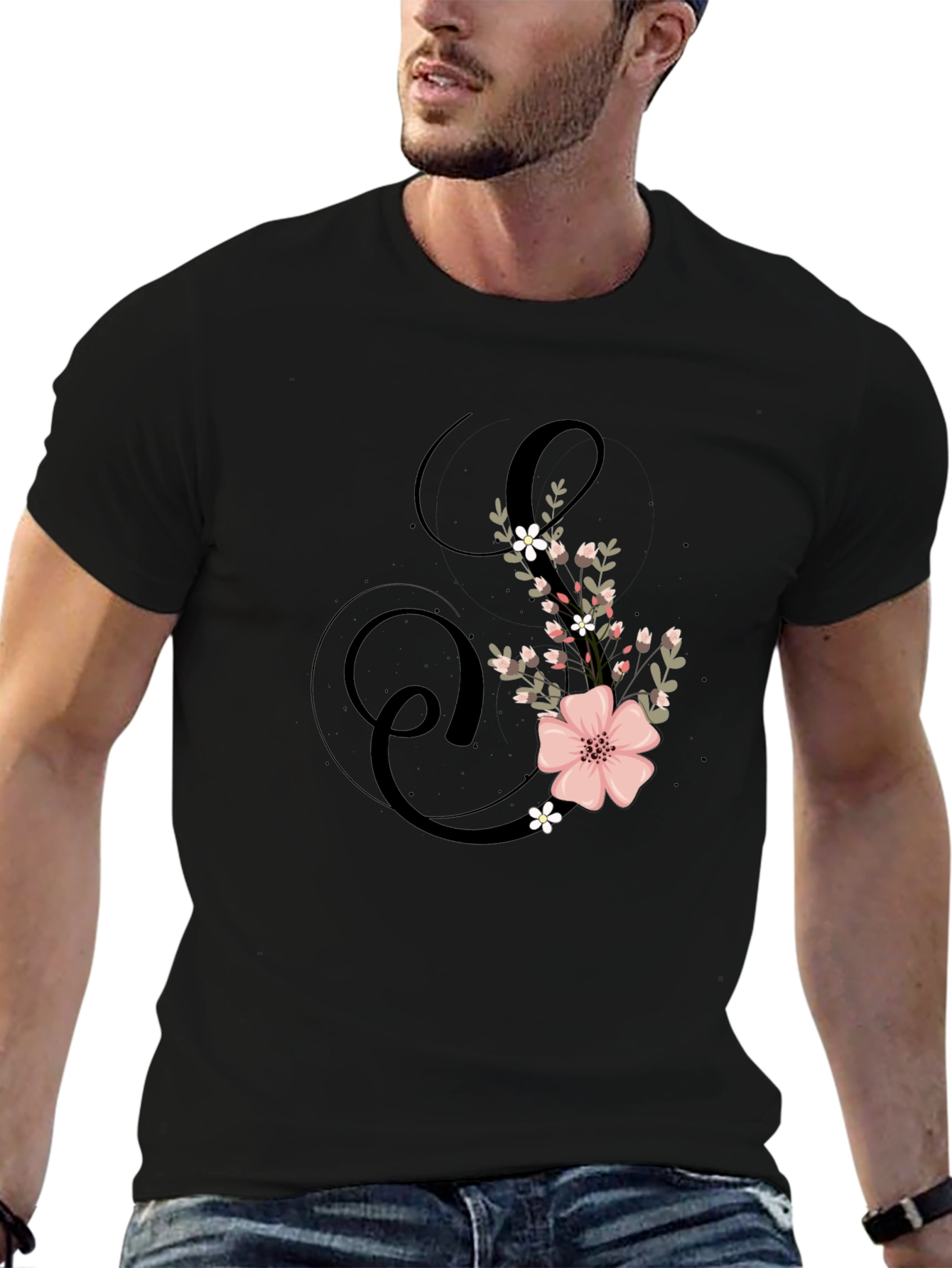 Floral Initial S Black T-Shirt