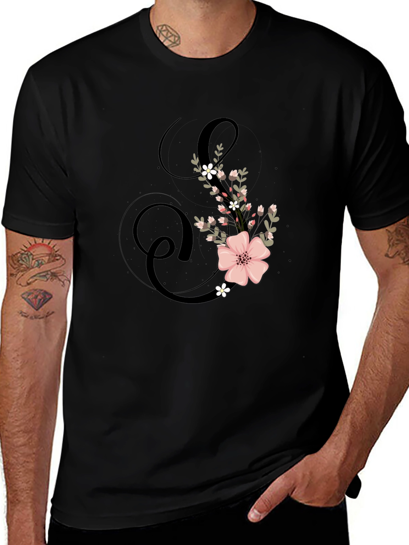 Floral Initial S Black T-Shirt