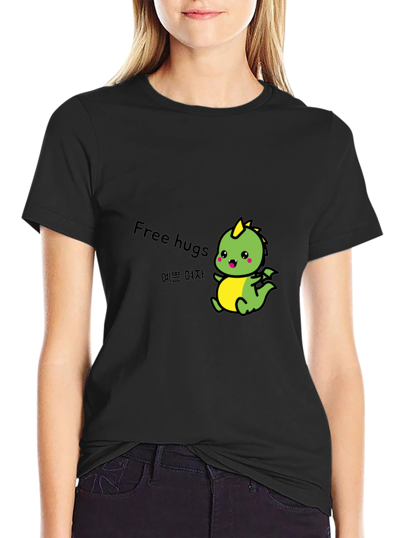 Cute Dinosaur Free Hugs Black T-Shirt