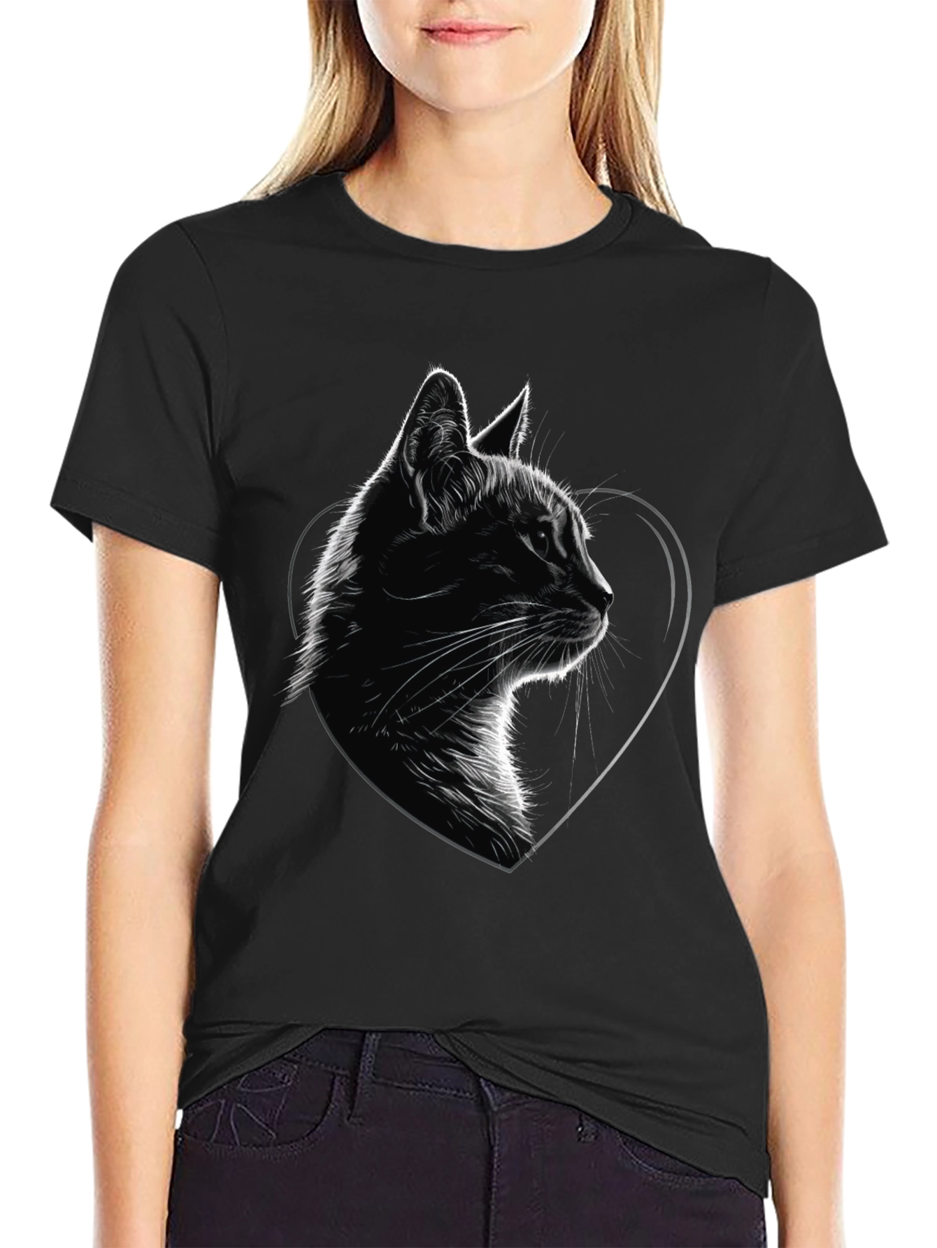 Cat Heart Graphic Tee - Black Cotton Blend T-Shirt