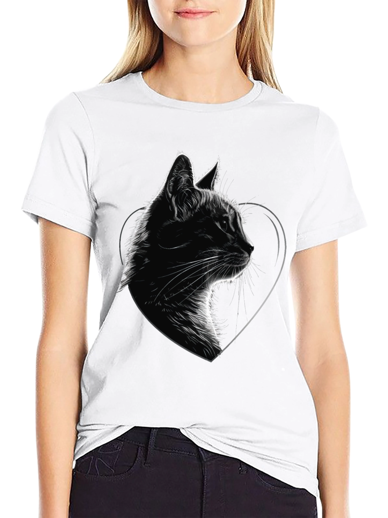 Cat Heart Graphic Tee - Black Cotton Blend T-Shirt