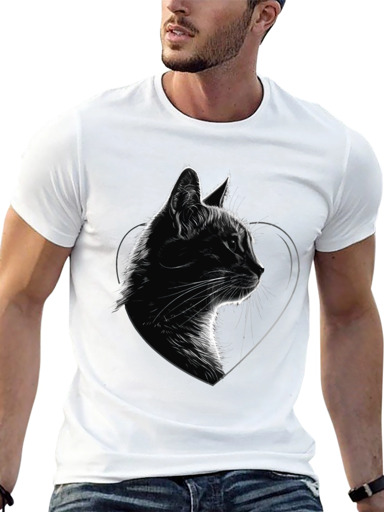 Cat Heart Graphic Tee - Black Cotton Blend T-Shirt