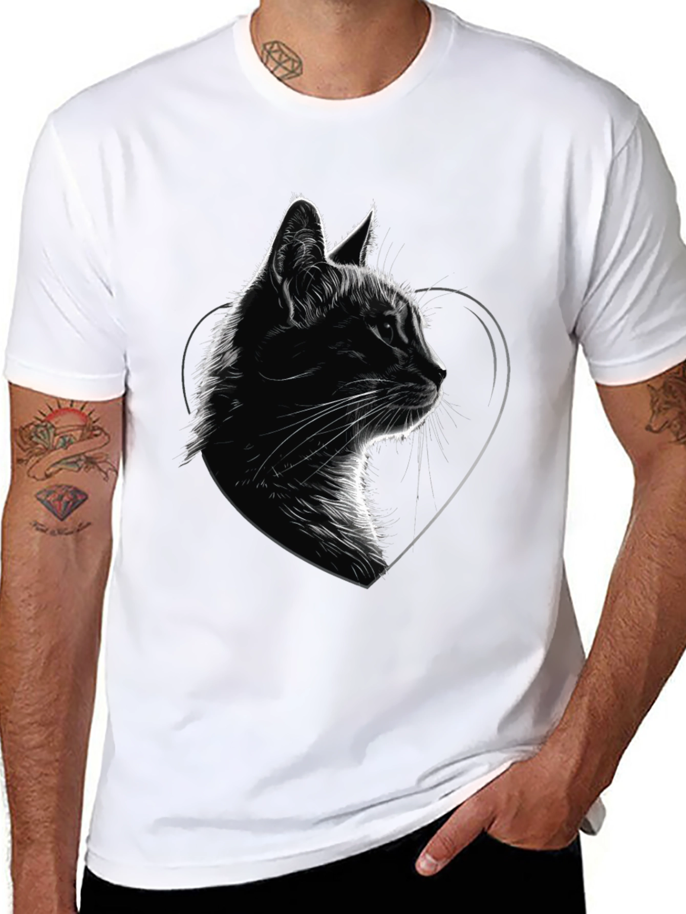 Cat Heart Graphic Tee - Black Cotton Blend T-Shirt