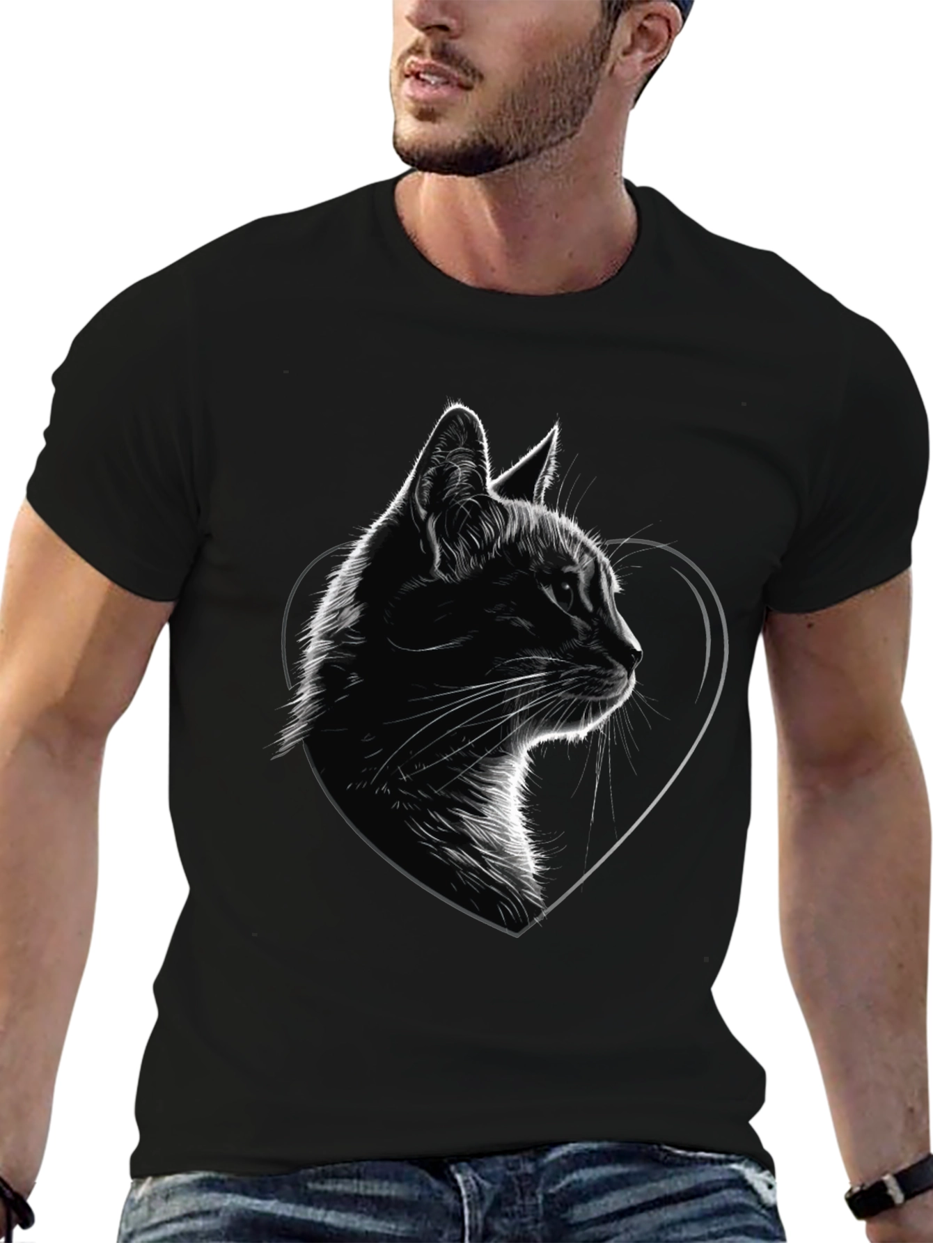 Cat Heart Graphic Tee - Black Cotton Blend T-Shirt