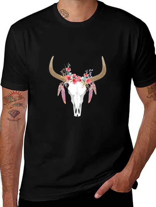Floral Bull Skull Graphic Tee - Black Cotton Casual