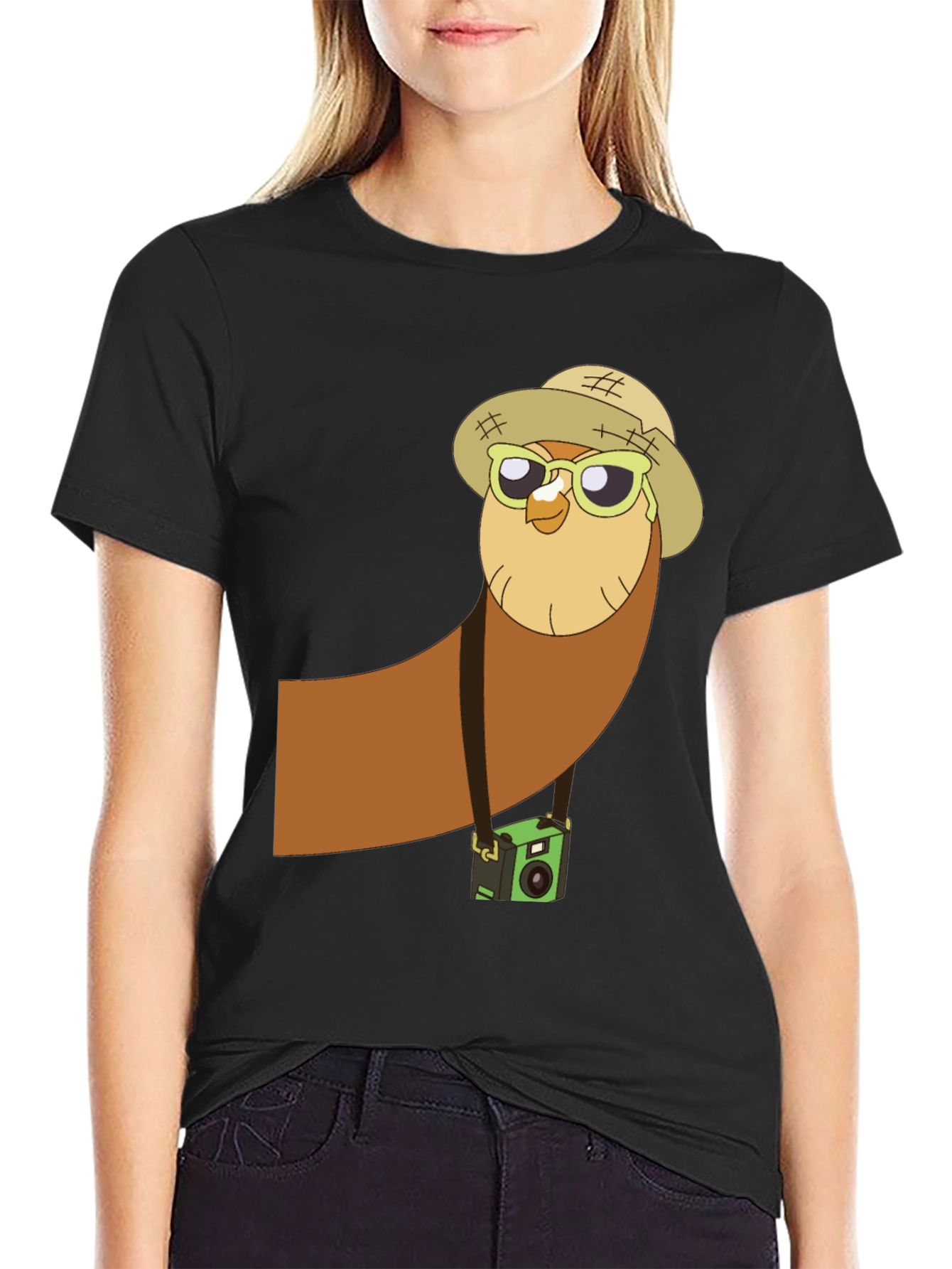 Owl Tourist Graphic Tee - Black Cotton T-Shirt