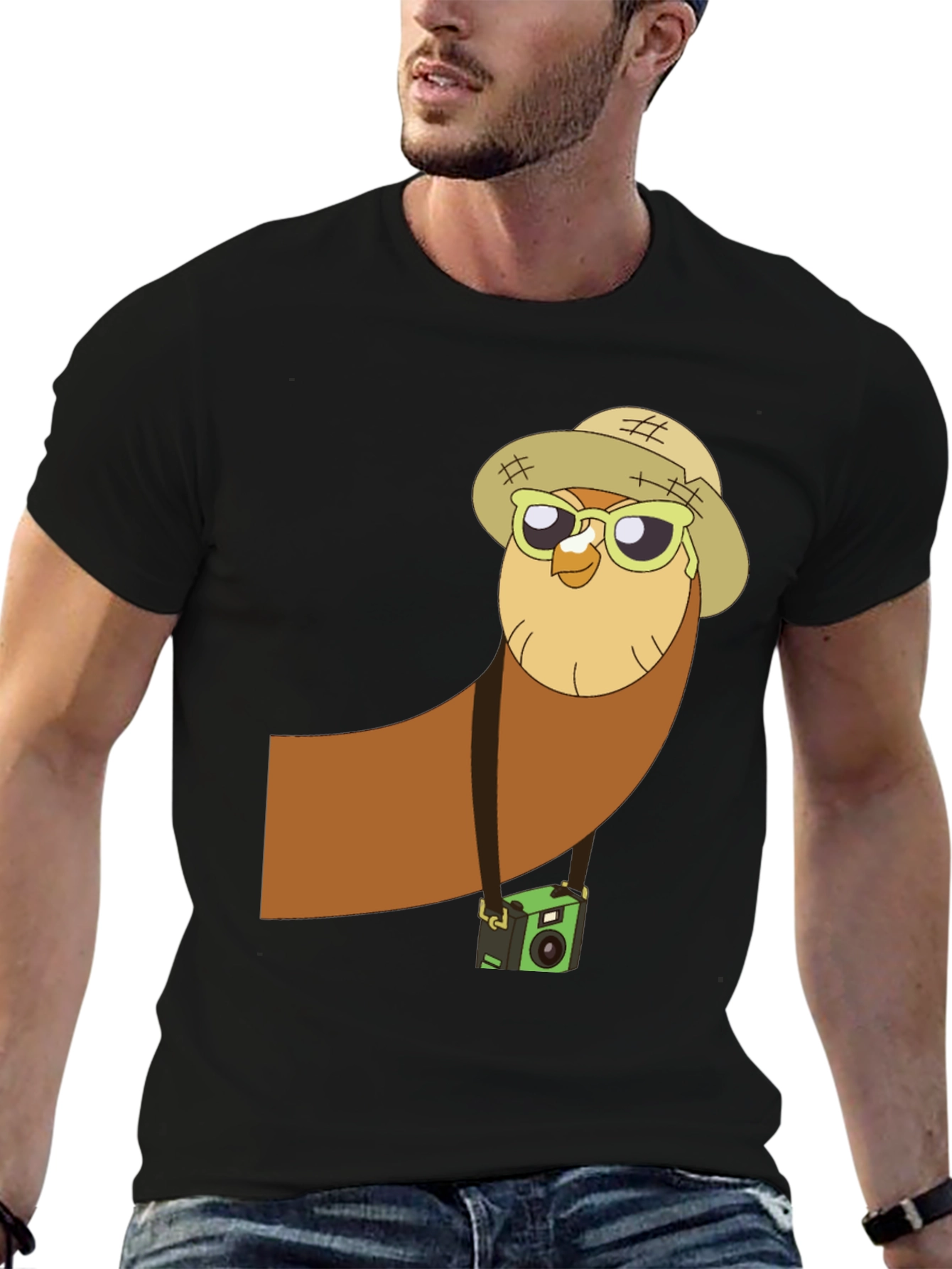 Owl Tourist Graphic Tee - Black Cotton T-Shirt