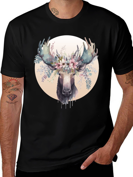 Floral Moose Graphic Tee - Stylish Animal Print Shirt