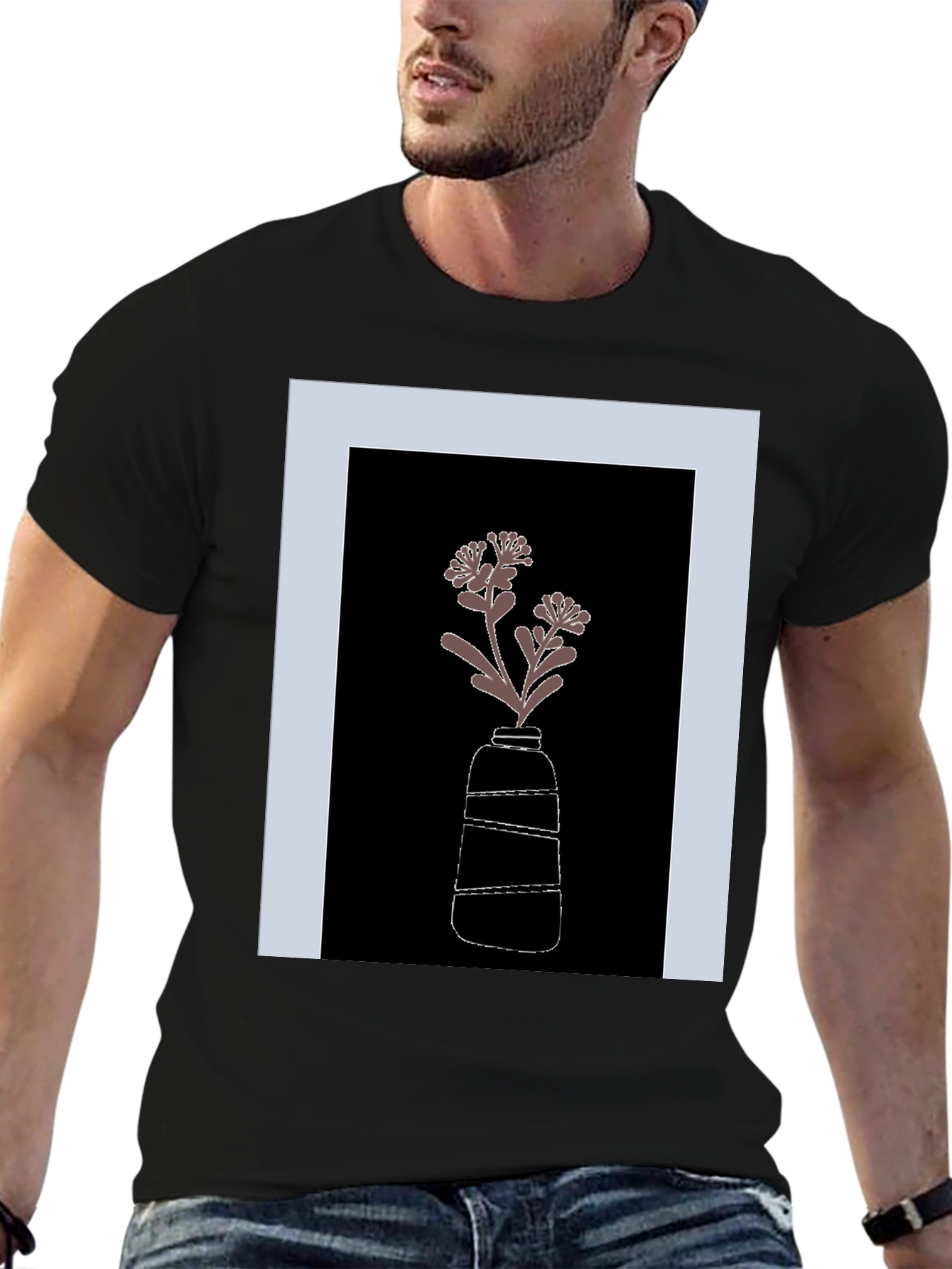 Black T-Shirt with Flower Vase Graphic