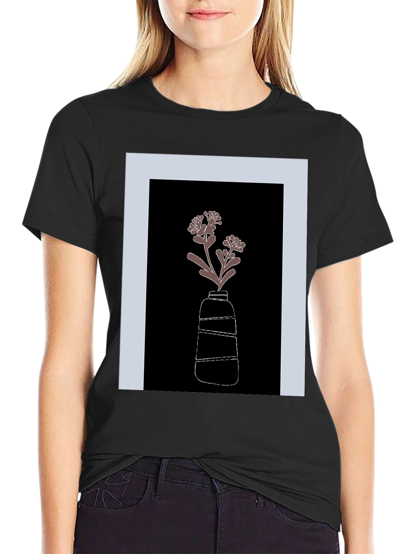 Black T-Shirt with Flower Vase Graphic