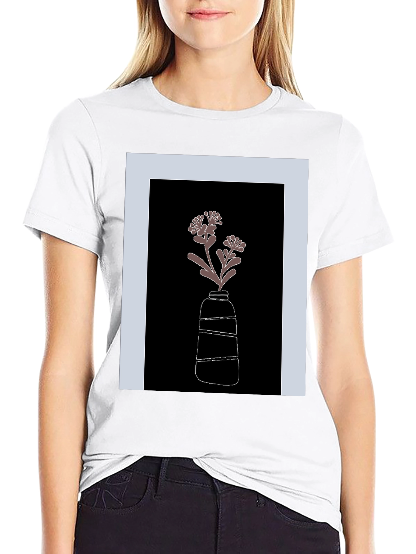 Black T-Shirt with Flower Vase Graphic