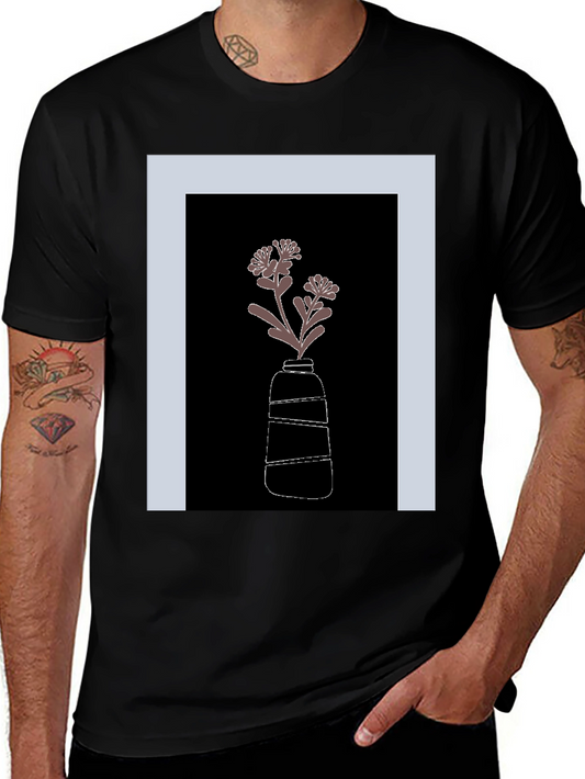 Black T-Shirt with Flower Vase Graphic