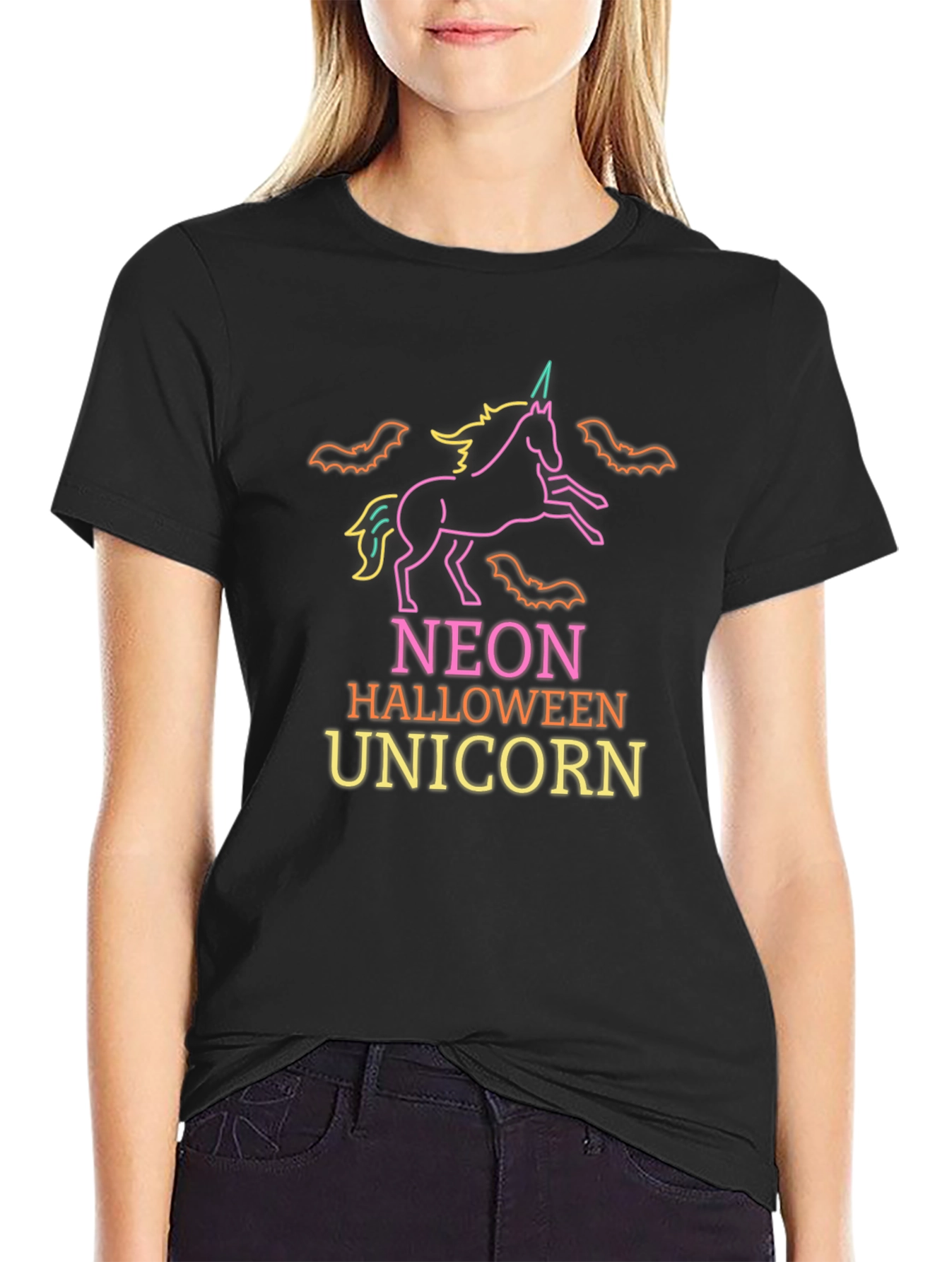 Neon Halloween Unicorn Black T-Shirt