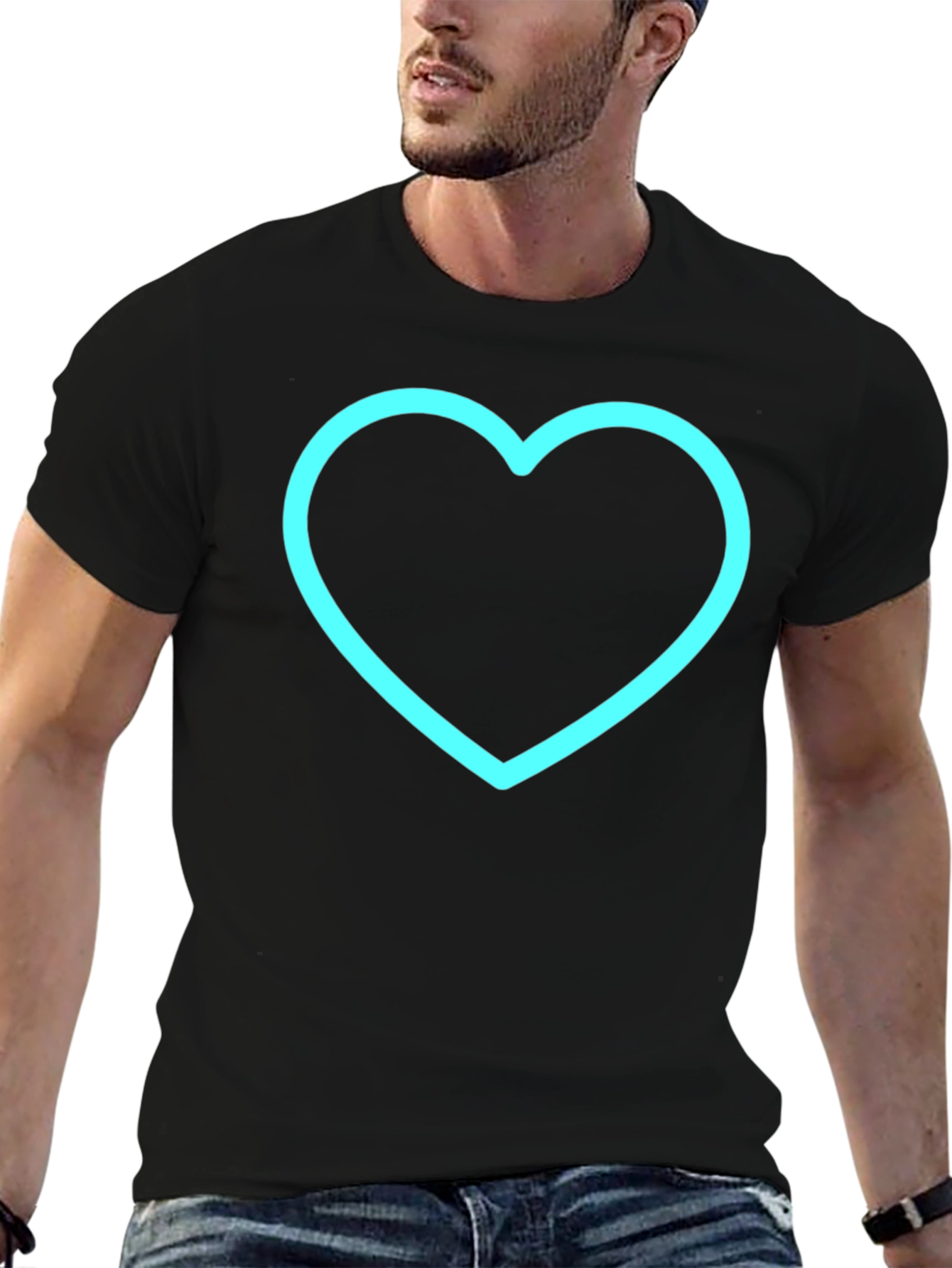 Black T-Shirt with Neon Blue Heart Graphic