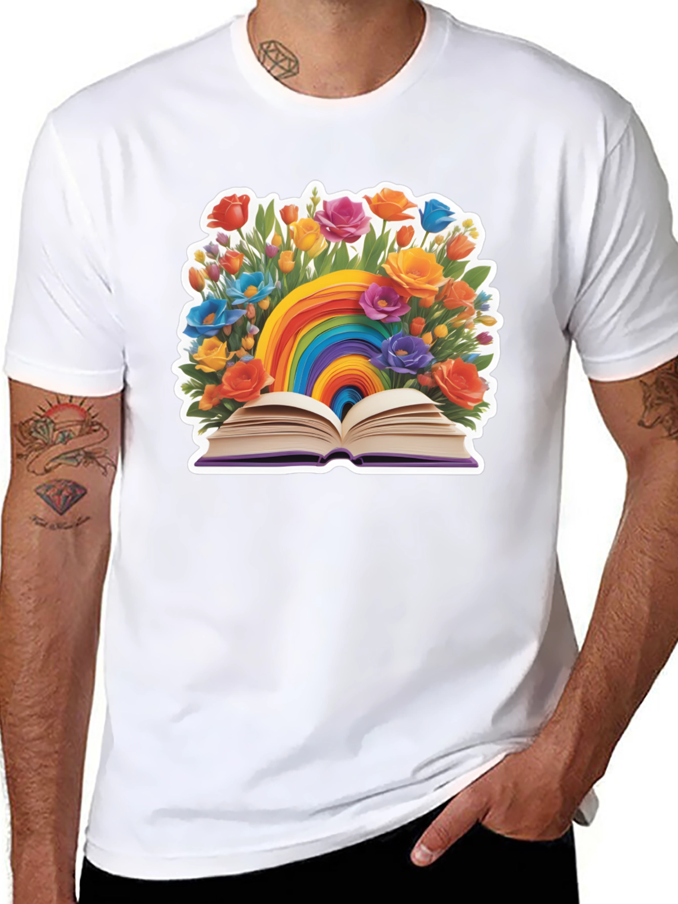 Rainbow Book & Flowers Graphic T-Shirt