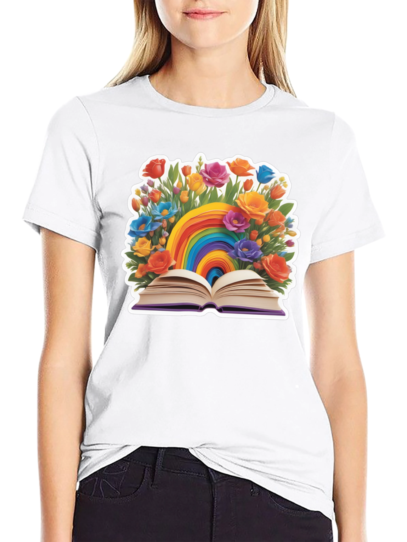 Rainbow Book & Flowers Graphic T-Shirt