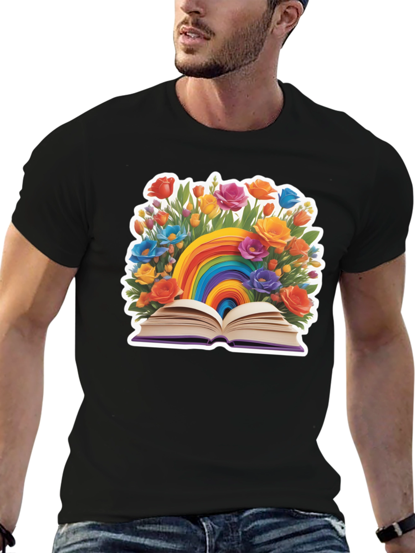 Rainbow Book & Flowers Graphic T-Shirt