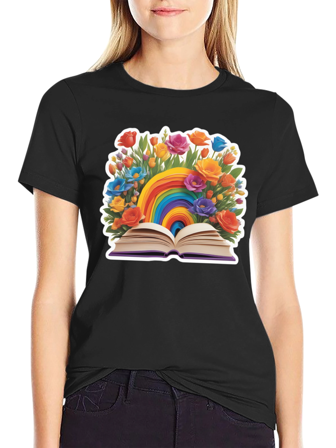 Rainbow Book & Flowers Graphic T-Shirt