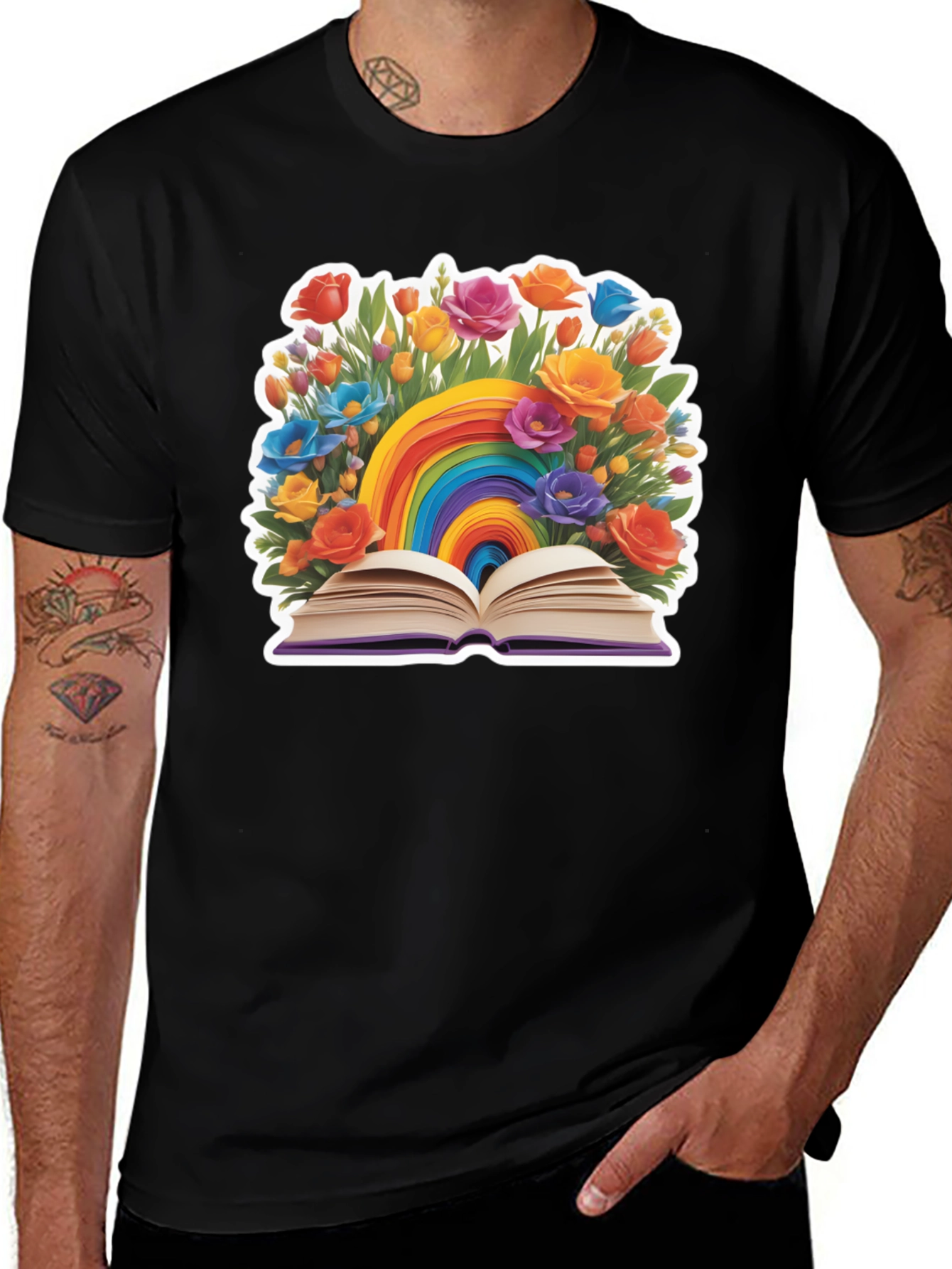 Rainbow Book & Flowers Graphic T-Shirt