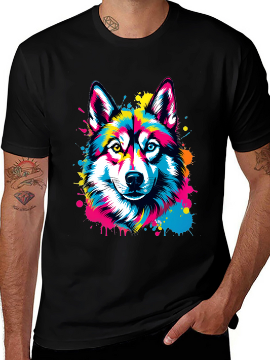 Colorful Husky Graphic Tee - Mens Black T-Shirt