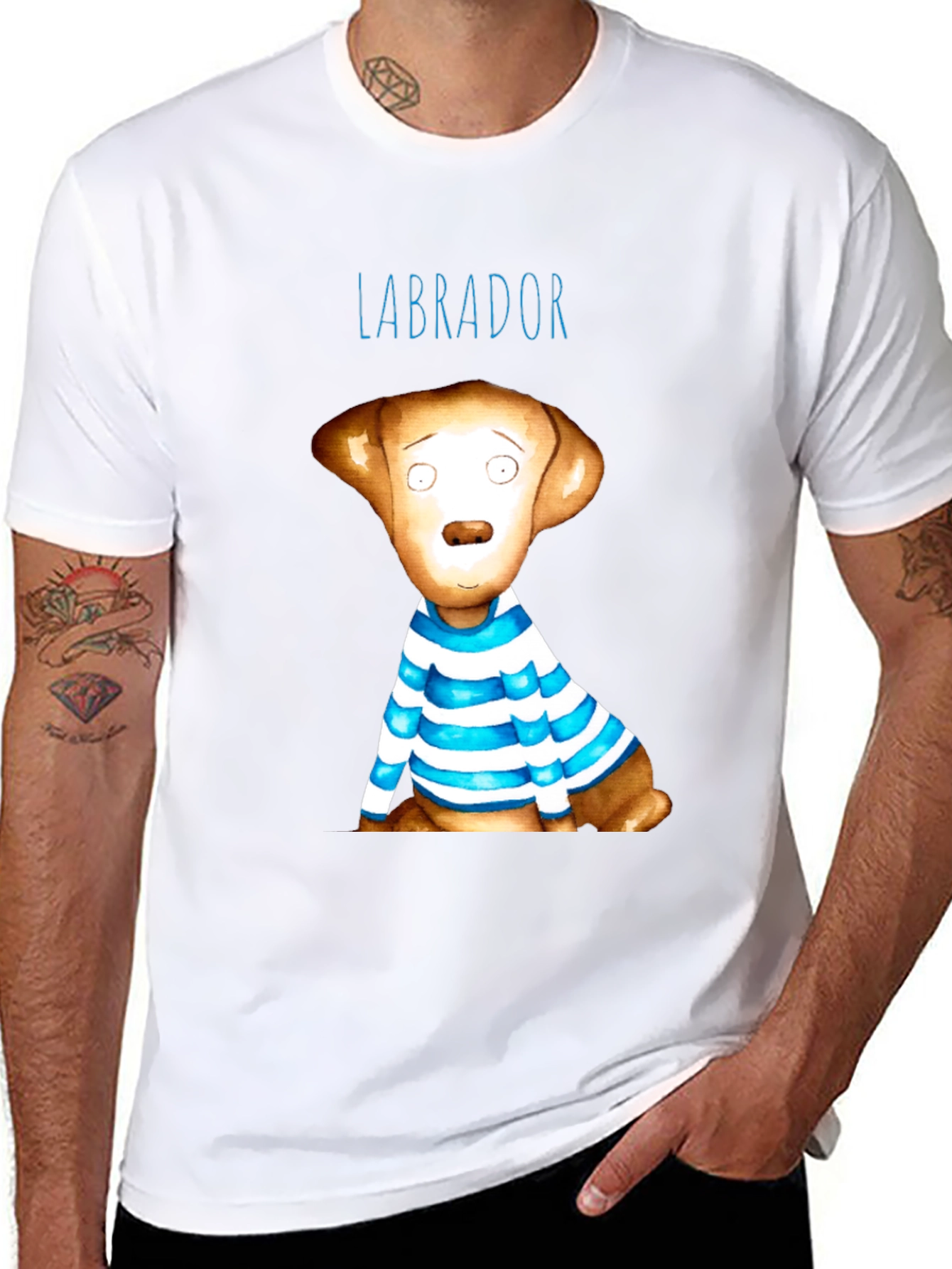 Labrador Dog Graphic Tee - Striped Shirt Design