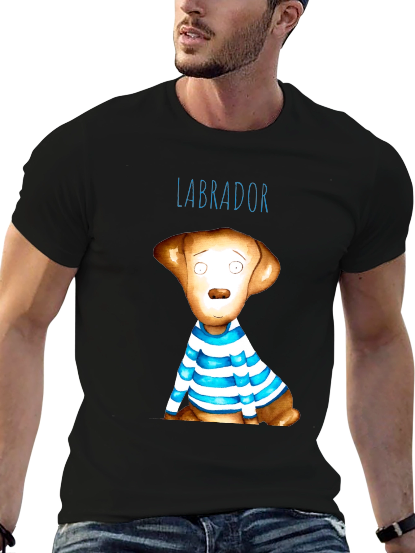 Labrador Dog Graphic Tee - Striped Shirt Design