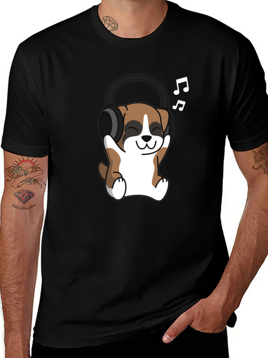 Cute Dog with Headphones Graphic Tee - Black Cotton T-Shirt