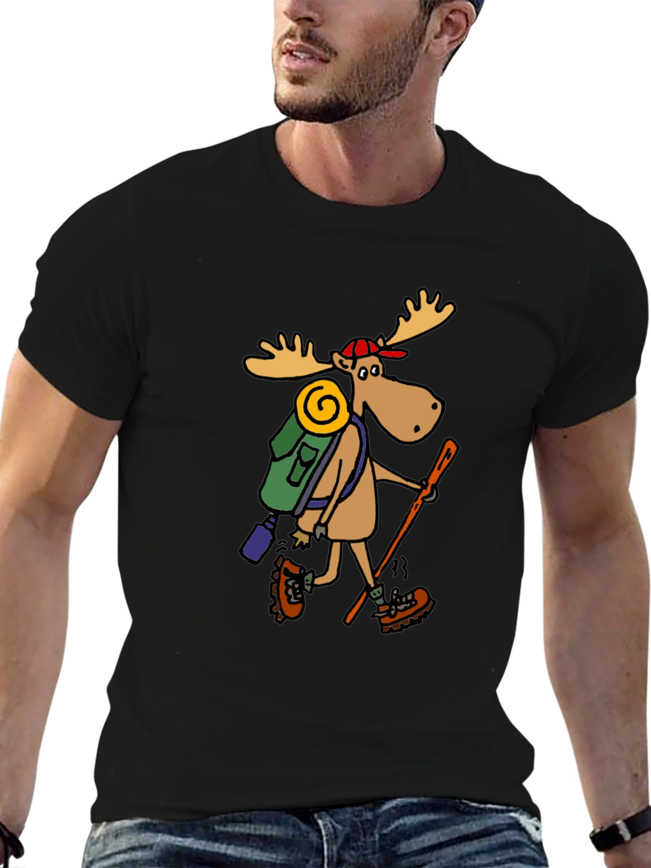 Hiking Moose Graphic Tee - Black Cotton T-Shirt