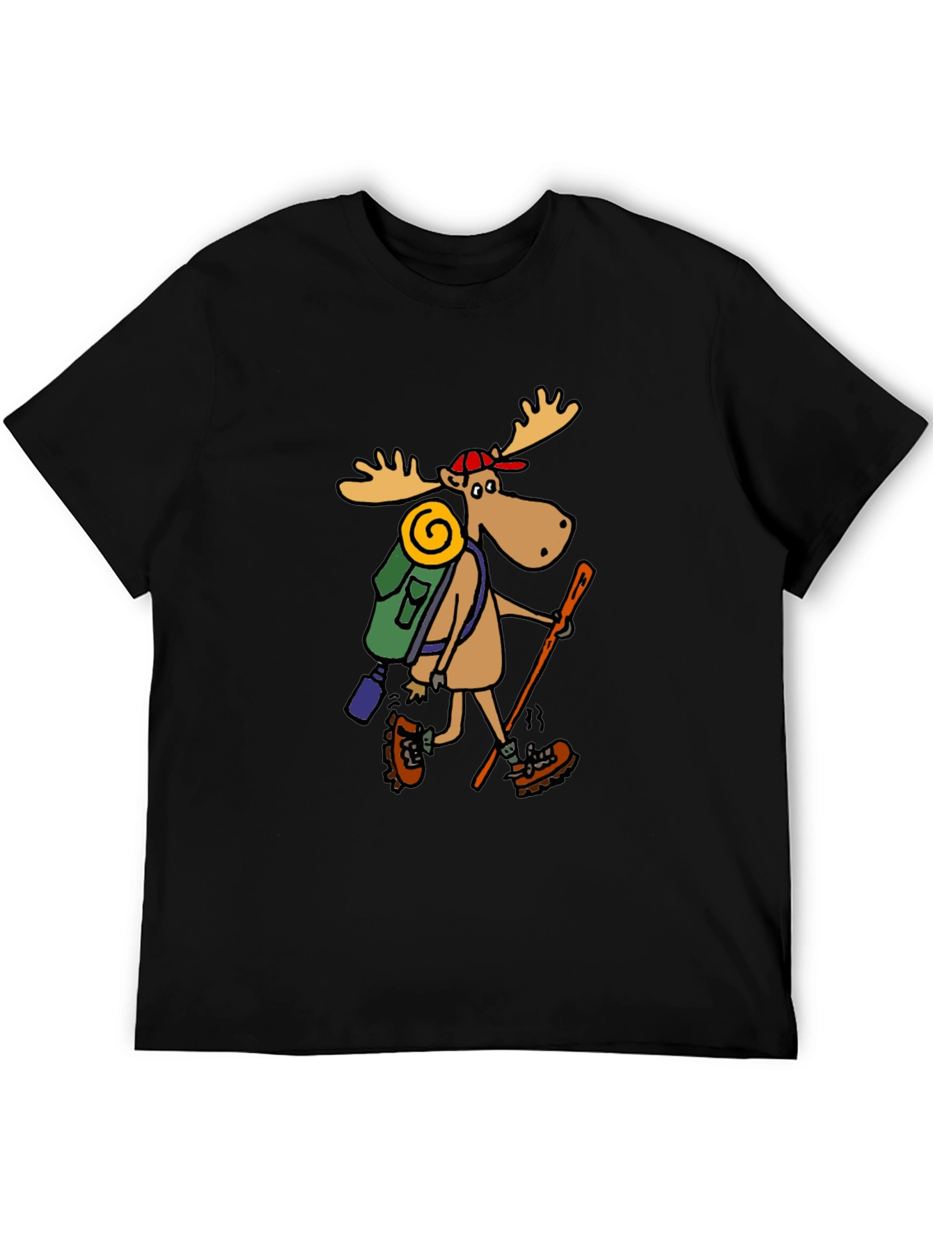 Hiking Moose Graphic Tee - Black Cotton T-Shirt