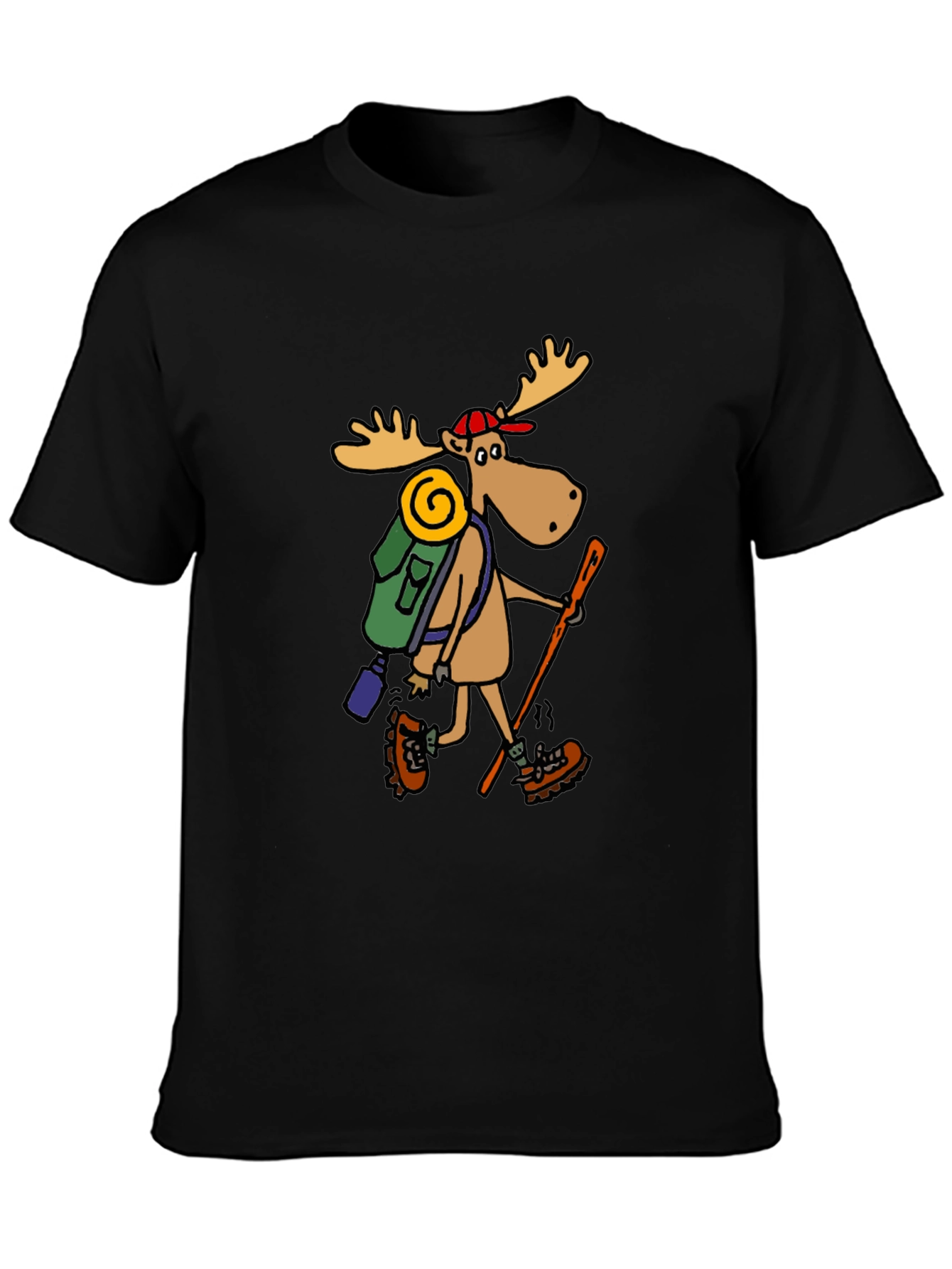 Hiking Moose Graphic Tee - Black Cotton T-Shirt