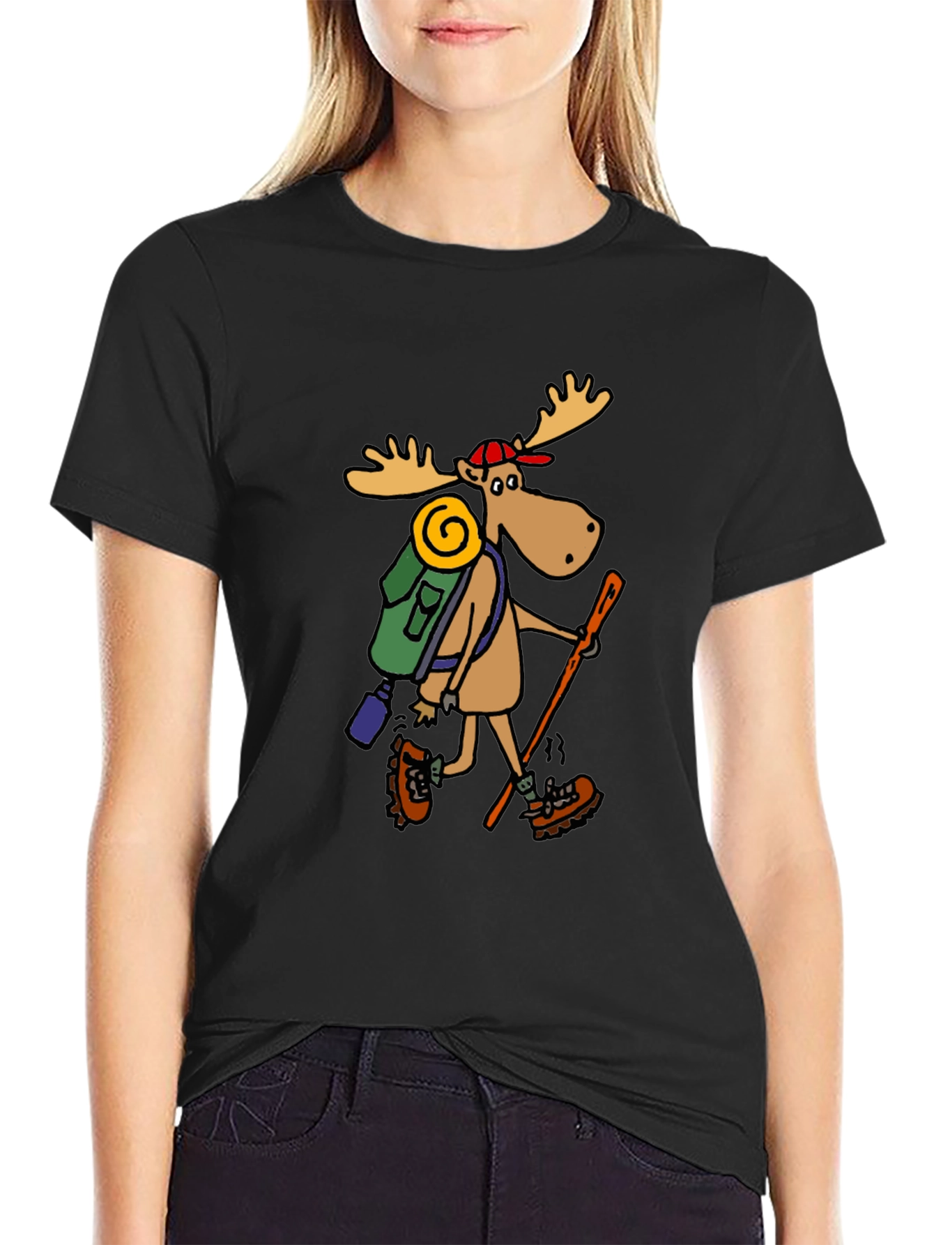 Hiking Moose Graphic Tee - Black Cotton T-Shirt